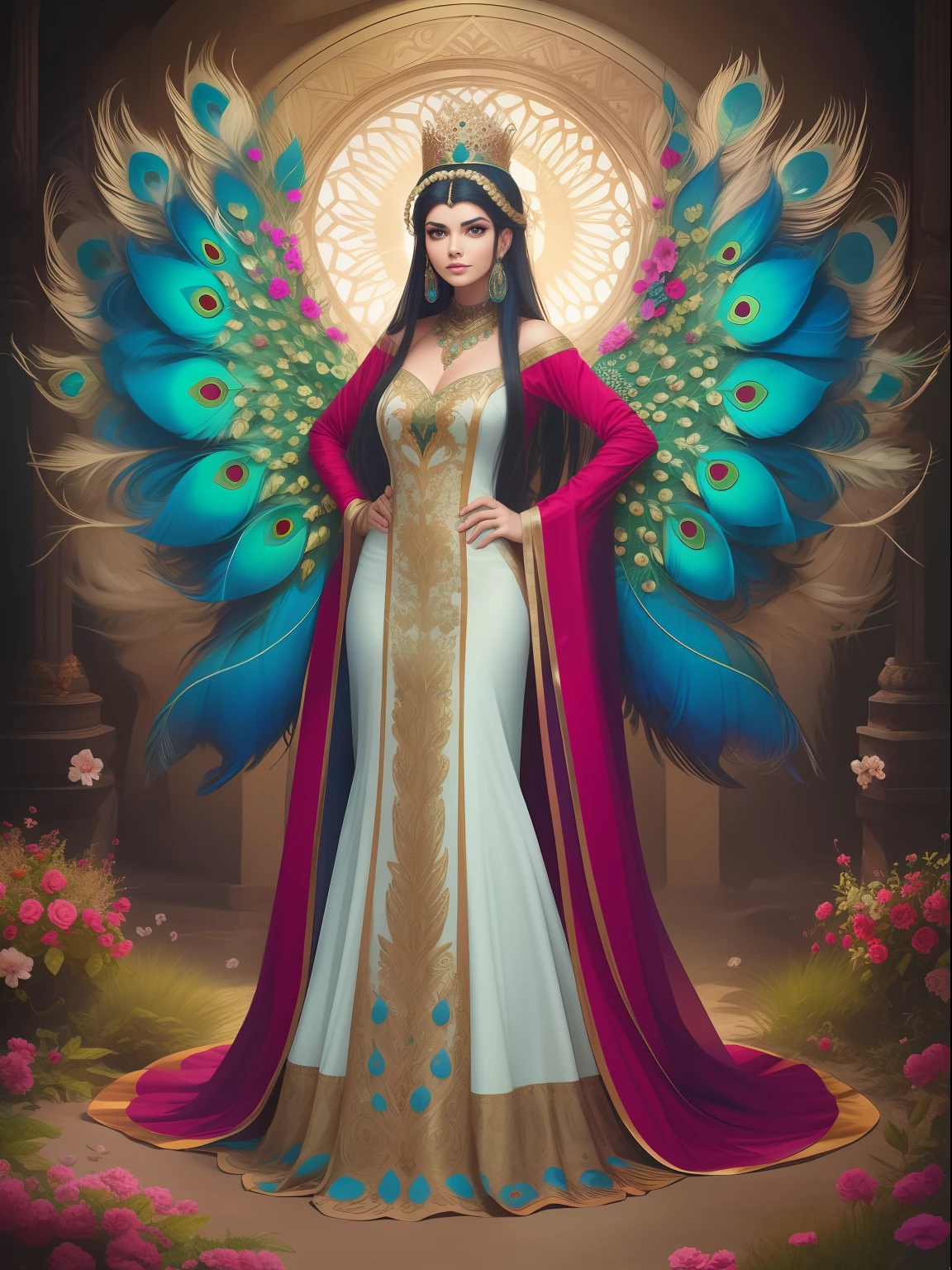 araffe woman in a Indian peafowl costume standing in a garden, a portrait by Jeanna bauck, trending on cg society, art photography, beautiful costume, real photoshoot queen of oceans, fantasy photoshoot, dress made of feathers, ornate cosplay, peacock, queen of nature, full body photoshoot, peacock in the desert, exotic costumes