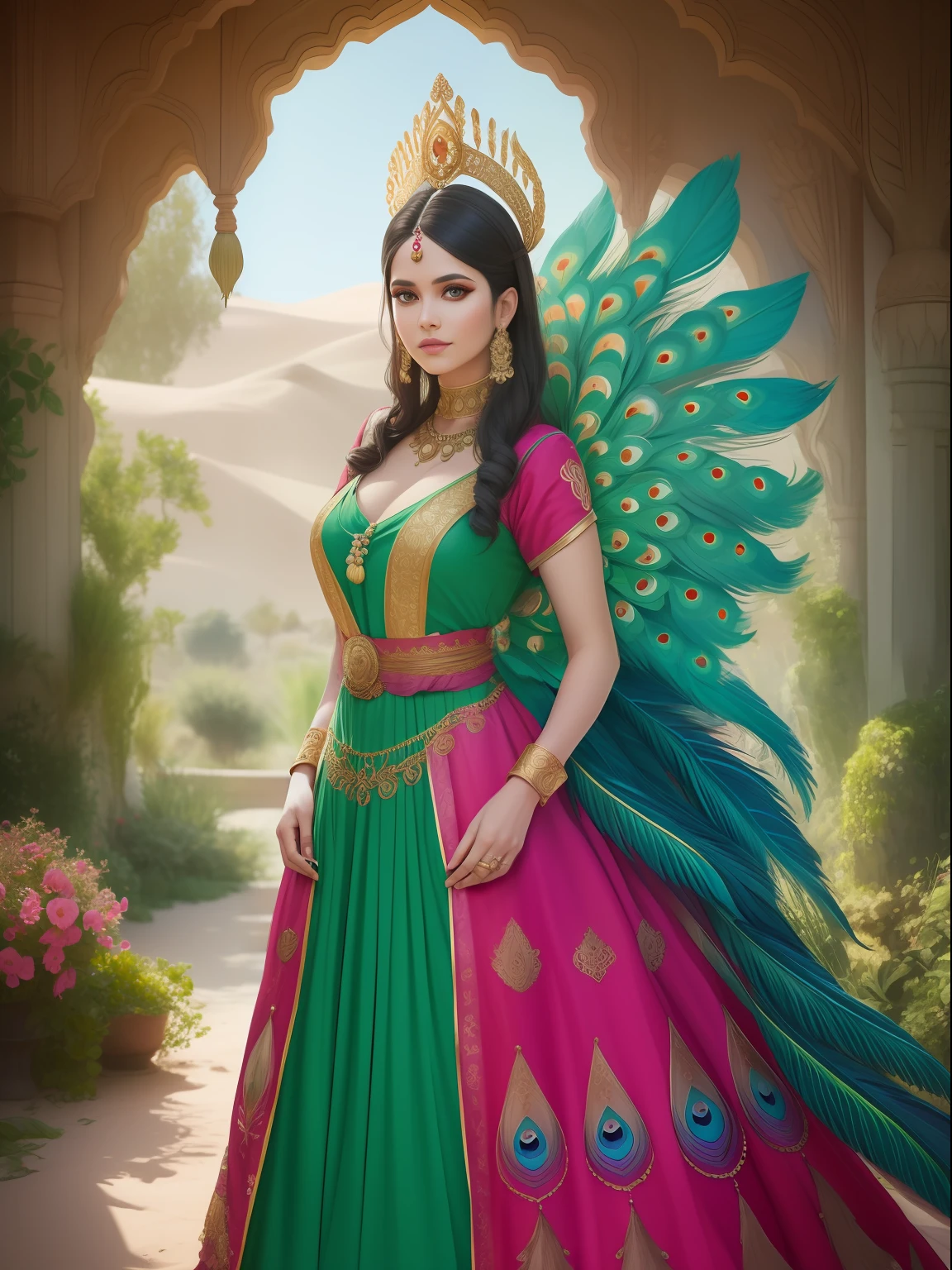 araffe woman in a Indian peafowl costume standing in a garden, a portrait by Jeanna bauck, trending on cg society, art photography, beautiful costume, real photoshoot queen of oceans, fantasy photoshoot, dress made of feathers, ornate cosplay, peacock, queen of nature, full body photoshoot, peacock in the desert, exotic costumes