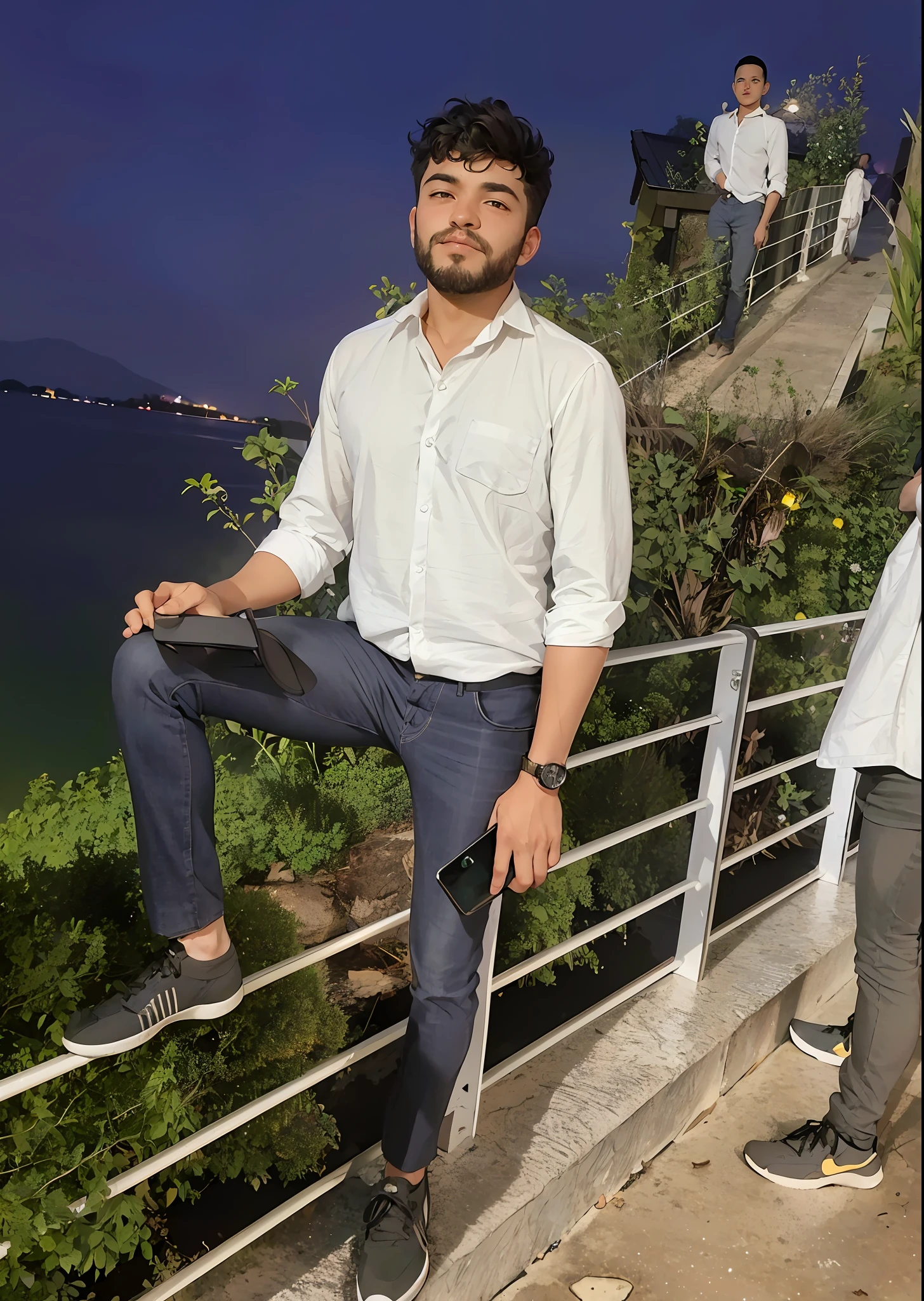 there are two men standing on a railing next to the water, at night time, candid picture, very artistic pose, photo taken in 2 0 2 0, at nighttime, full body photogenic shot, full body picture, candid photography, full body photgraph, candid photo, with lovely look, cool pose, very high quality picture, with a cool pose