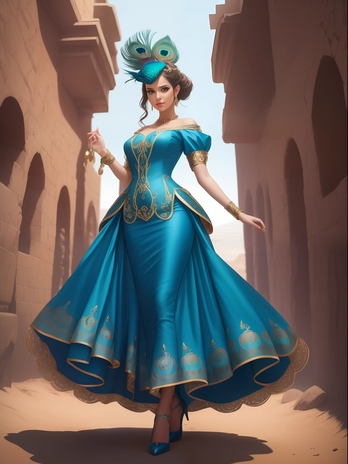 araffe wearing a peacock costume with a blue dress and a peacock tail, ornate cosplay, glamourous cosplay, elegant glamourous cosplay, peacock in the desert, fantasy photoshoot, cinematic goddess shot, peacock, beautiful costume, cgsociety inspired, clothes themed on a peacock mage, elegant cinematic pose, 8k))