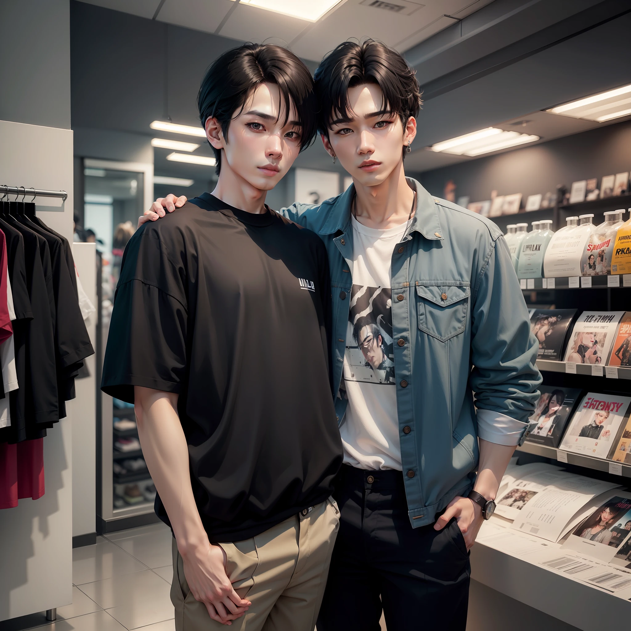 realistic image quality, selfie in clothing store, lots of people around, idol, three-dimensional image, handsome face of a 50-year-old man, small face with small head, perfect facial features, realistic and smooth hair, black hair, outstanding style, face similar to Hwang Hyun Jin, SKZ, straykids, k-pop, adult, best quality, gray colorcon, model pose, Fashionable Korean fashion with short sleeve long pants, cool look, tall