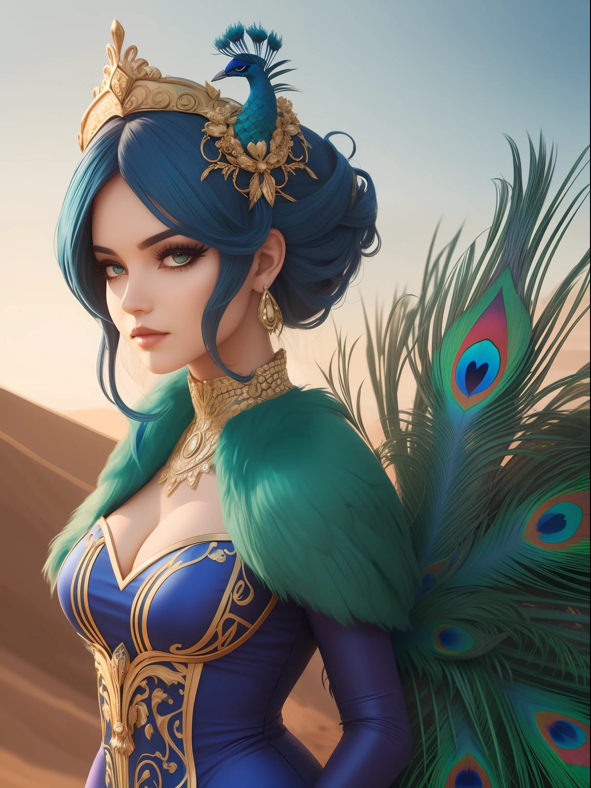 araffe wearing a peacock costume with a blue dress and a peacock tail, ornate cosplay, glamourous cosplay, elegant glamourous cosplay, peacock in the desert, fantasy photoshoot, cinematic goddess shot, peacock, beautiful costume, cgsociety inspired, clothes themed on a peacock mage, elegant cinematic pose, 8k))