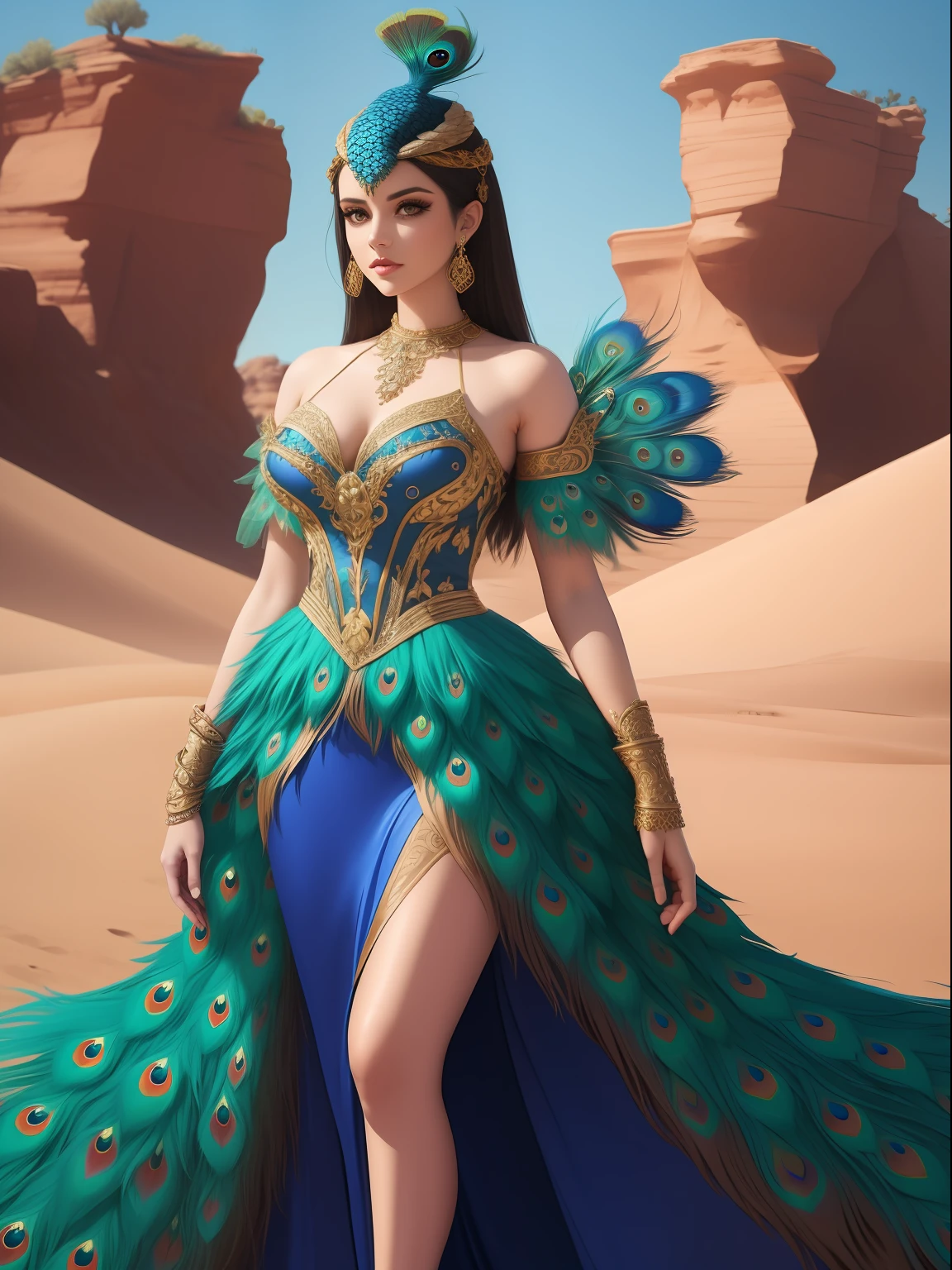 araffe wearing a peacock costume with a blue dress and a peacock tail, ornate cosplay, glamourous cosplay, elegant glamourous cosplay, peacock in the desert, fantasy photoshoot, cinematic goddess shot, peacock, beautiful costume, cgsociety inspired, clothes themed on a peacock mage, elegant cinematic pose, 8k))