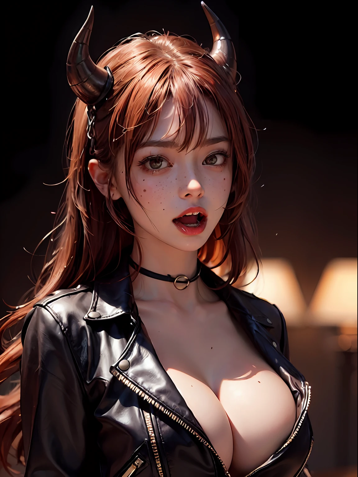 (insanely detailed, beautiful detailed face, masterpiece, best quality), red hair, ultra detailed beautiful eyes, very long hair, looking at the viewer, giant tits, busty, glowing eyes, freckles, (red hellish background), beautiful detailed glow, a lot of glow, dominant personality, hyper-realistic, perfect hand, 1-demon solo, (masterpiece, extremely_detailed_CG, 8k_wallpaper:1.2) backlight, shadow, chain leash, chained, chain, wearing spiked collar, open leather jacket in the upper body, showing boobs, demonic multitude of lights and glows, focus on tits, nsfw, naked, freckles, yellow eyes, drooling, yellow eyes, sharp teeth, open mouth, red horns, tongue, licking, saliva, fangs, tongue out,