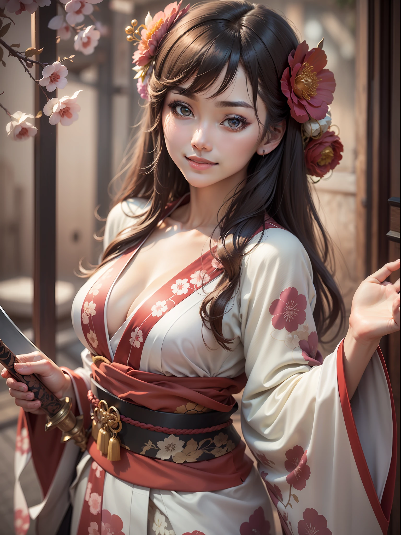 Masterpiece, Best quality, (Realistic, Photorealistic:1.37)))), (1 person)), 8k, Very delicate and beautiful, Fantastic, Official art with attention to detail, Ridiculous, Incredibly ridiculous, Huge file size, Ultra detailed, Very detailed, (Beautiful girl), (Detailed girl), Very detailed eyes and face, Beautiful detailed eyes, Light makeup, nsfw, (1 girl), (perfect female figure), slim waist, (Korean beauty), (full body)), abdomen, with bangs, feminine expression, smile, ((excessive skin exposure))))(furisode),(Japan kimono), Japan sword, (20years old),