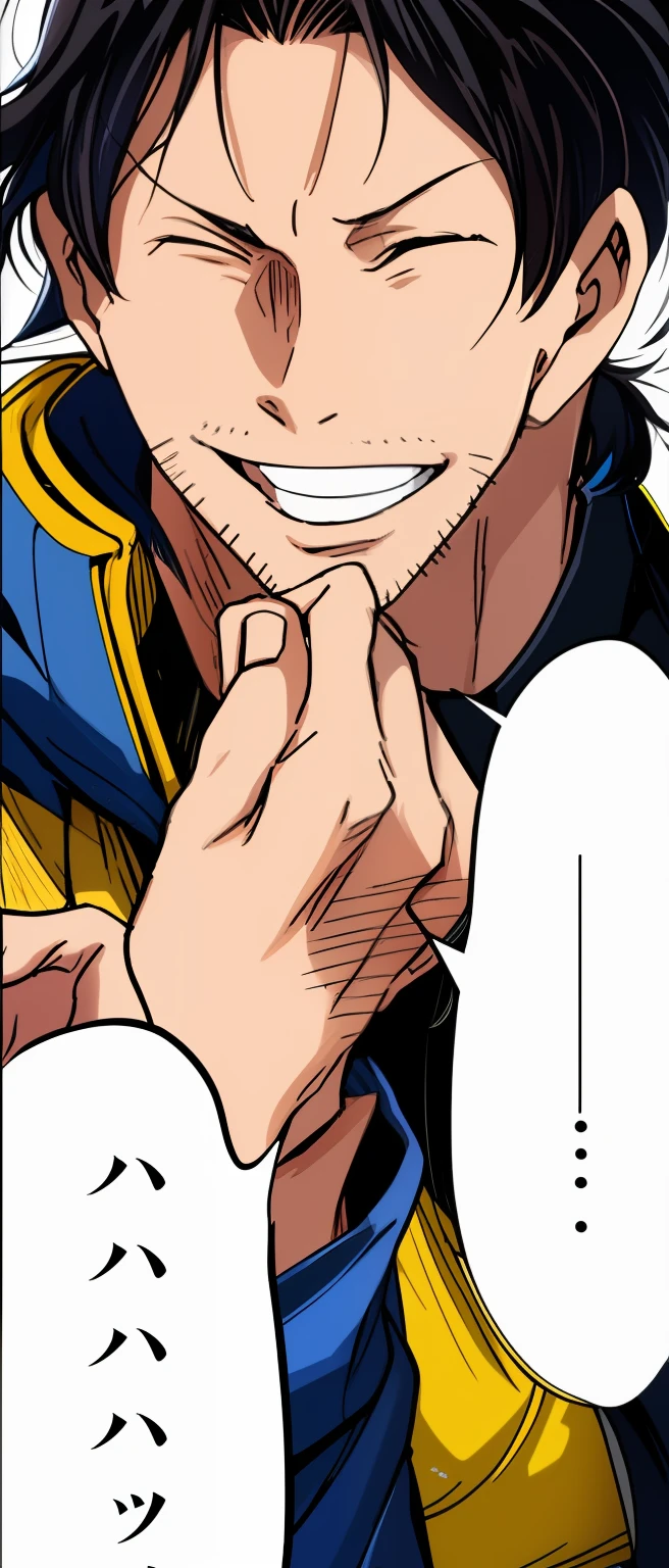 a anime of a man with black hair, text bubble speech, smile, happy, laugh, close eyes, with index finger, black hair, hoodie, focus, color manga, manga color, color manga, color manga panel, simple background, a white background