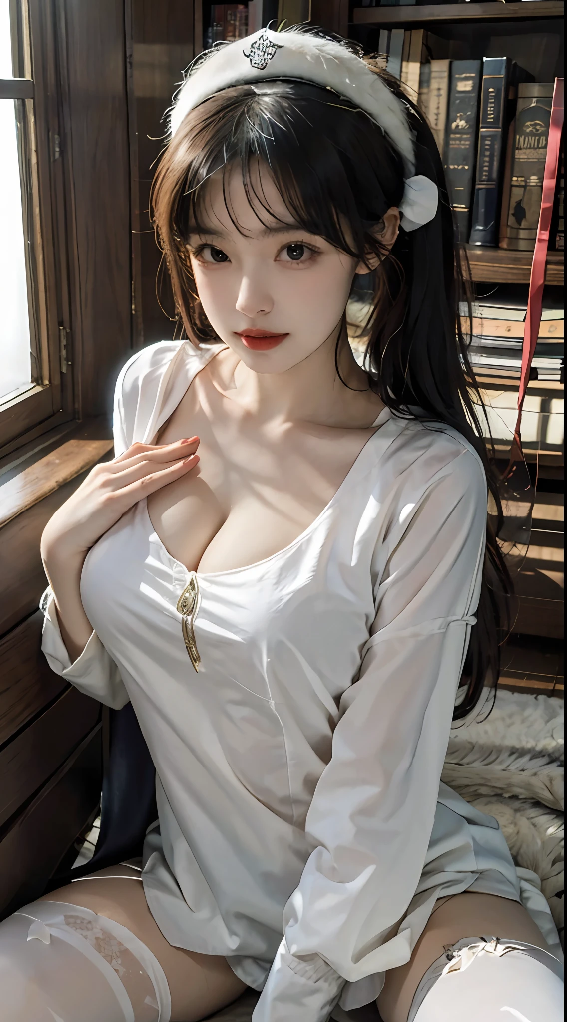 masterpiece,best quality,official art, extremely detailed CG unity 8k wallpaper,highly detailed,absurdres,8k resolution,exquisite facial features,prefect face,mature female,(soldier:1.5),library,spread legs,huge breasts,white_thighhighs,ahegao,large breasts,Realistic,Real person,Real, texture, beautiful,Dreamism,Soft light,Planar light