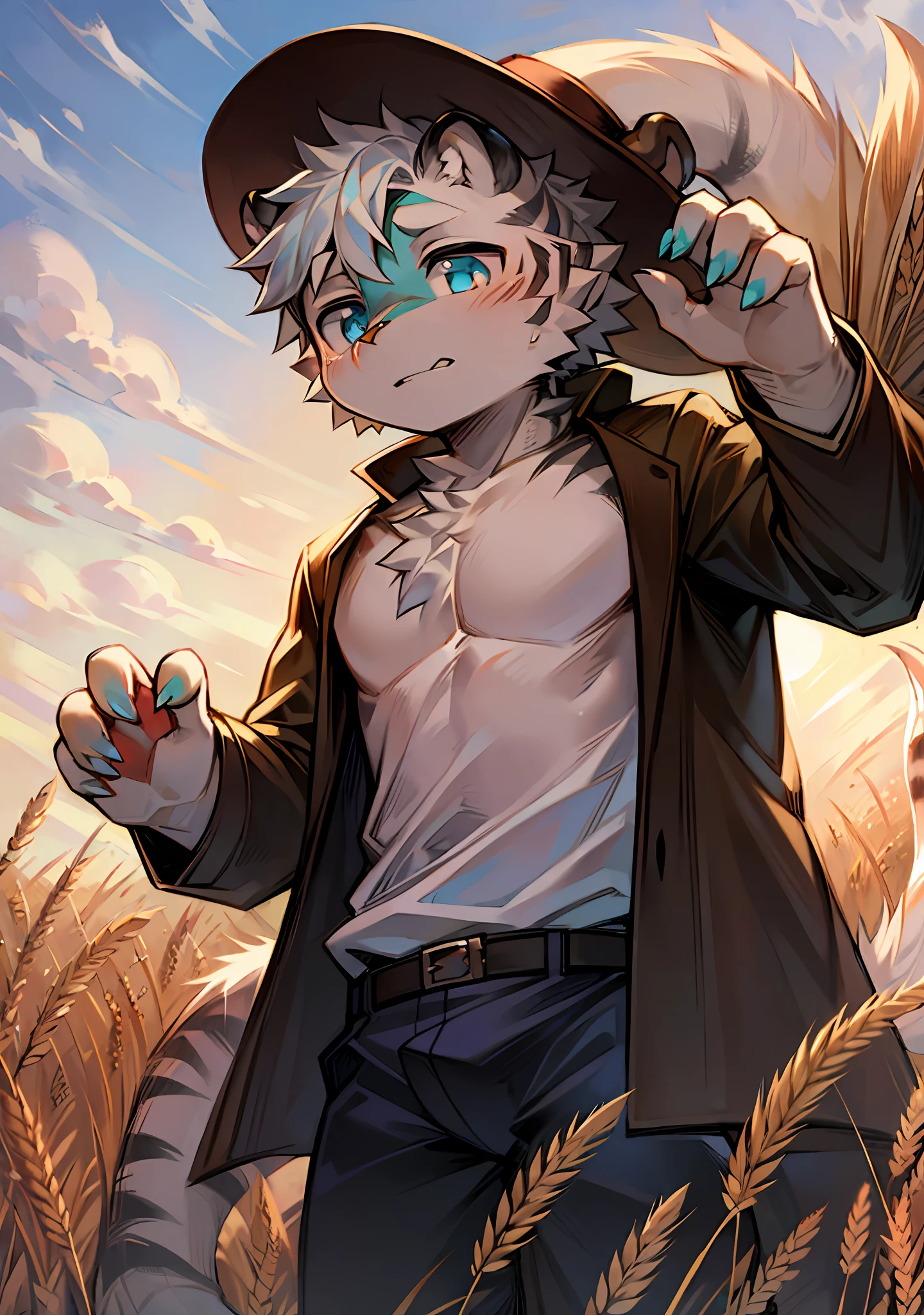 Dusk, wheat field, white tiger orc, male, shota, brown hat, light blue pupils, sunlight, wind, white cheeks