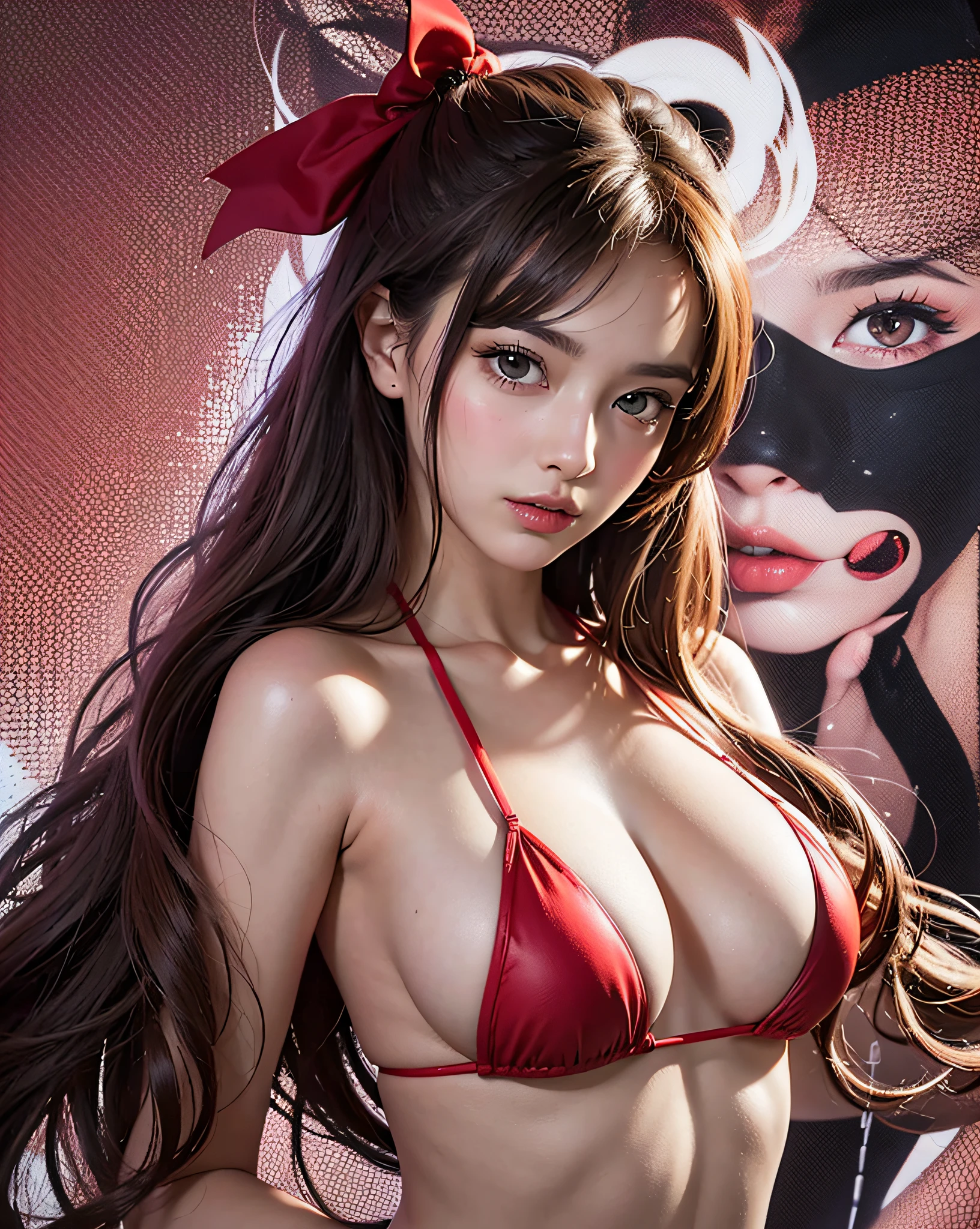 Create a highly detailed digital artwork of a 25-year-old woman with a 100cm bust wearing a red micro bikini, striking an M-shaped pose.