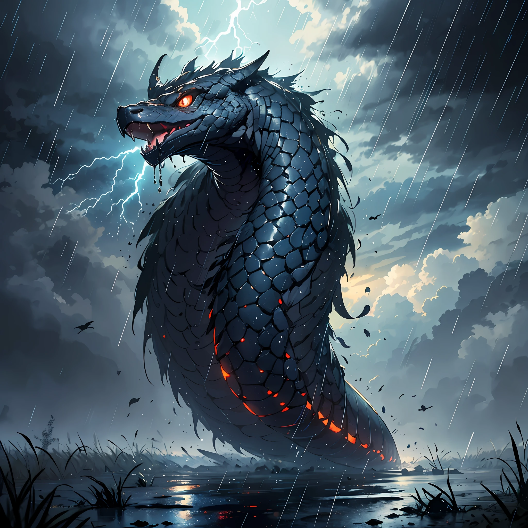 Big snake, mysterious, dark, thunderstorm, dark clouds, rain, masterpiece best quality, 8k, very detailed, high quality, high resolution