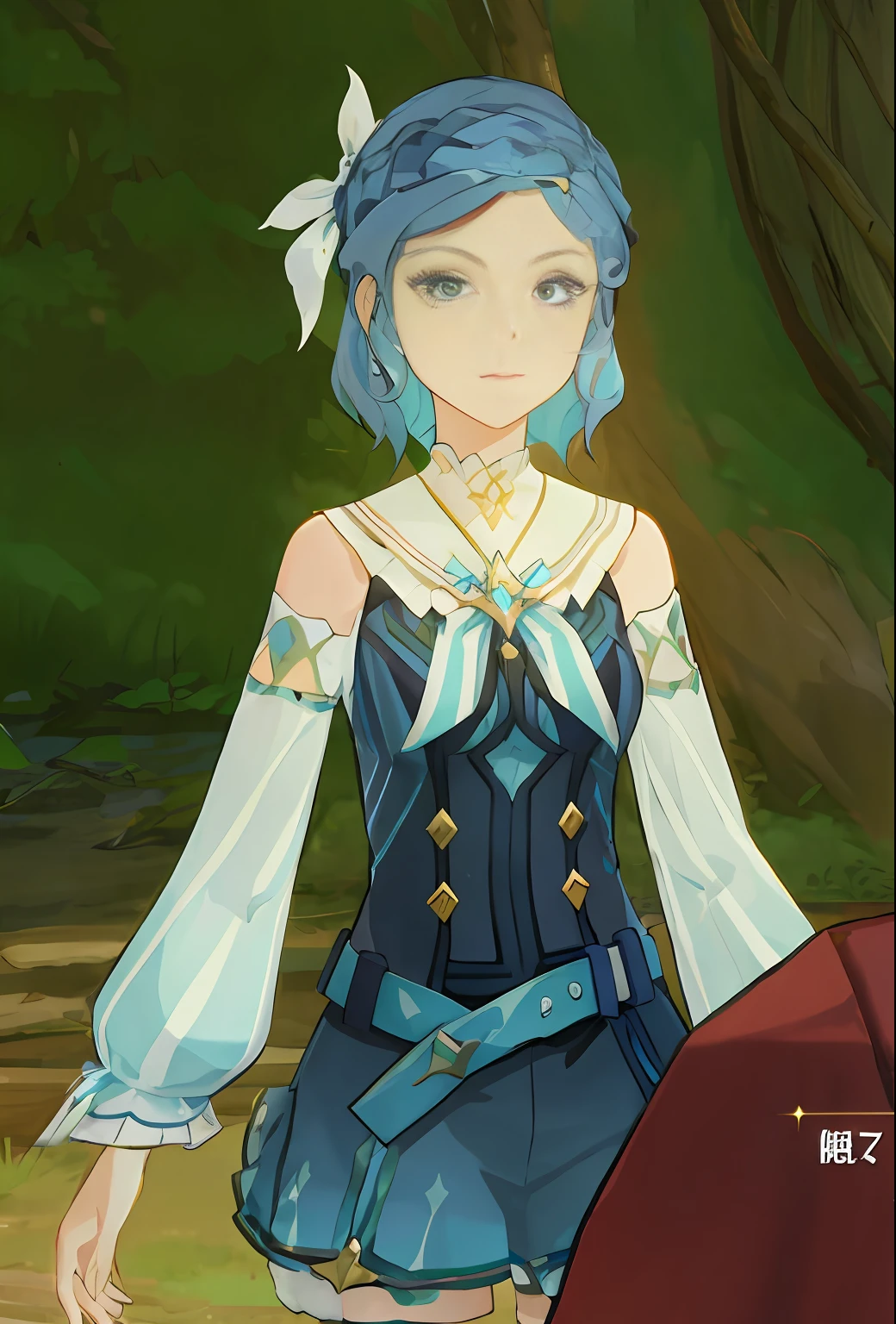 anime girl with blue hair and blue dress in a forest, botw style, stylized anime, blue scales covering her chest, short blue haired woman, aqua from konosuba, from bravely default ii, portrait knights of zodiac girl, jrpg character, character art closeup, character close up, official character art, art style of rune factory 5, serene expression