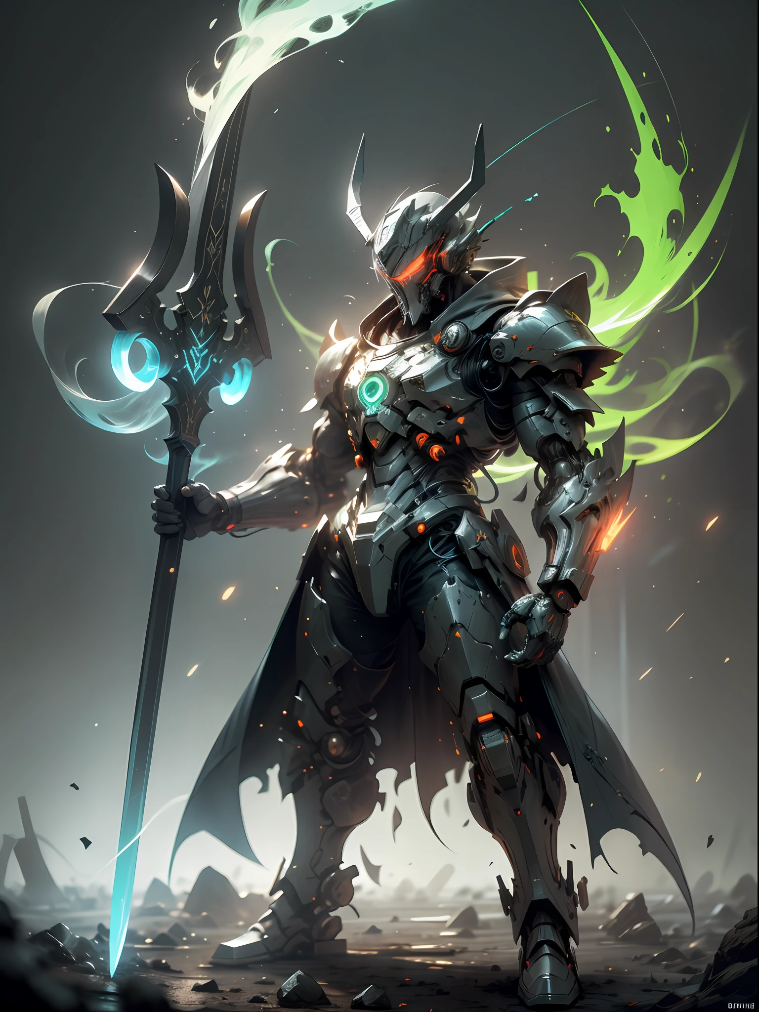 Ghost executioner with huge tomahawk, super cool ghost executioner, giant tomahawk, boxer, red mechanical boxer, wearing green mechanical armor, smoke surrounding, tomahawk swinging pose, imposing walking, frontal perspective, perfect eight-headed body proportions, tall body, full body photo, super detail, realistic, shiny, reflective, bioluminescent, galactic cybernetic mask, mecha, (executioner: 1.2), cape, SH4G0D, GlowingRunes_red, full body, movie, dark background, backlight, high contrast,