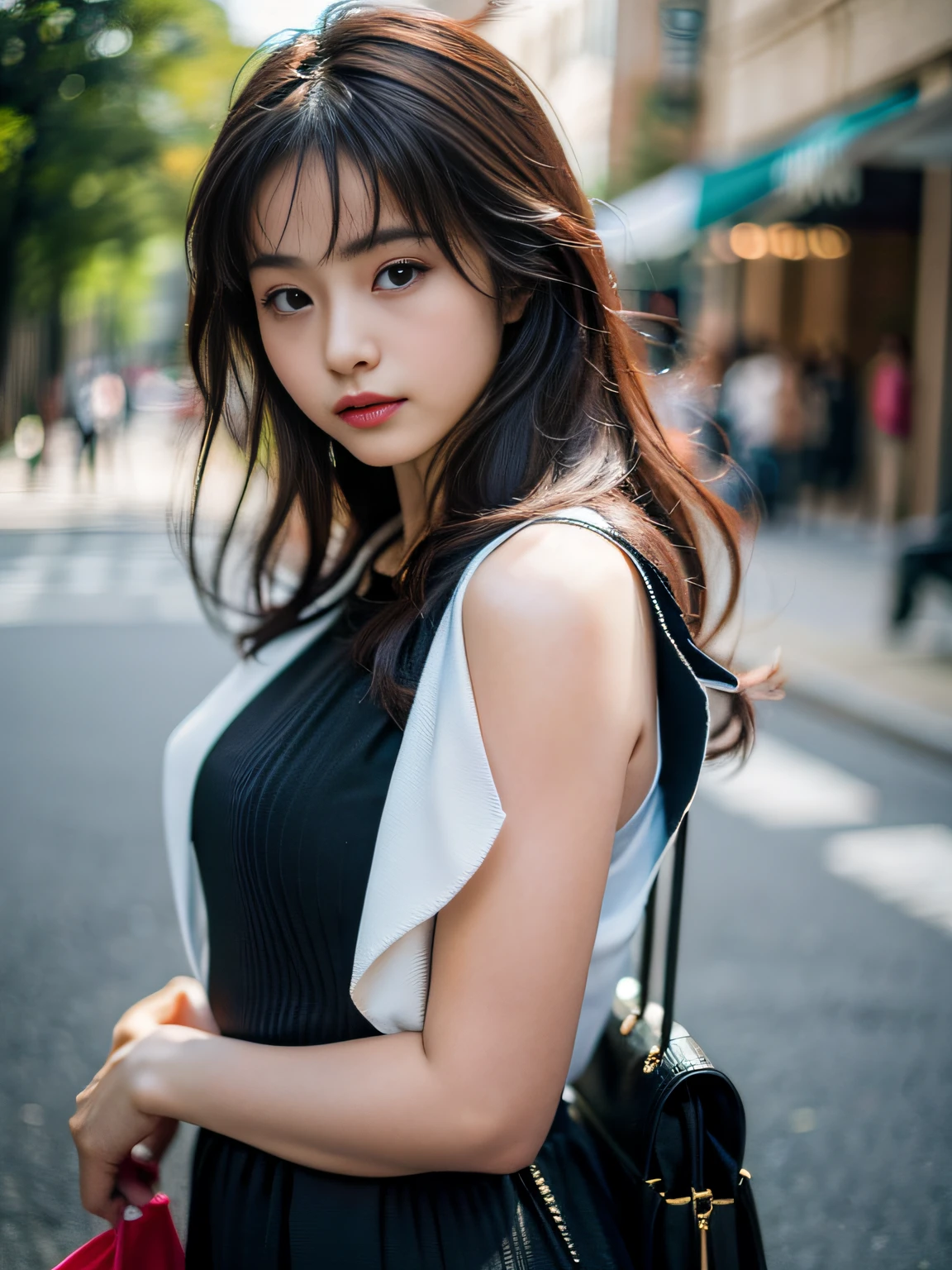 Woman posing seductive on street corner, top quality, high resolution, 8k, girl alone, outdoor, (street: 0.8), (people, crowd: 1), sleeveless dress, black dress: 1.5), gorgeous, (medium hair), (dynamic pose: 0.8), (upper body: 1.2), soft lighting, wind, glossy skin, gaze,