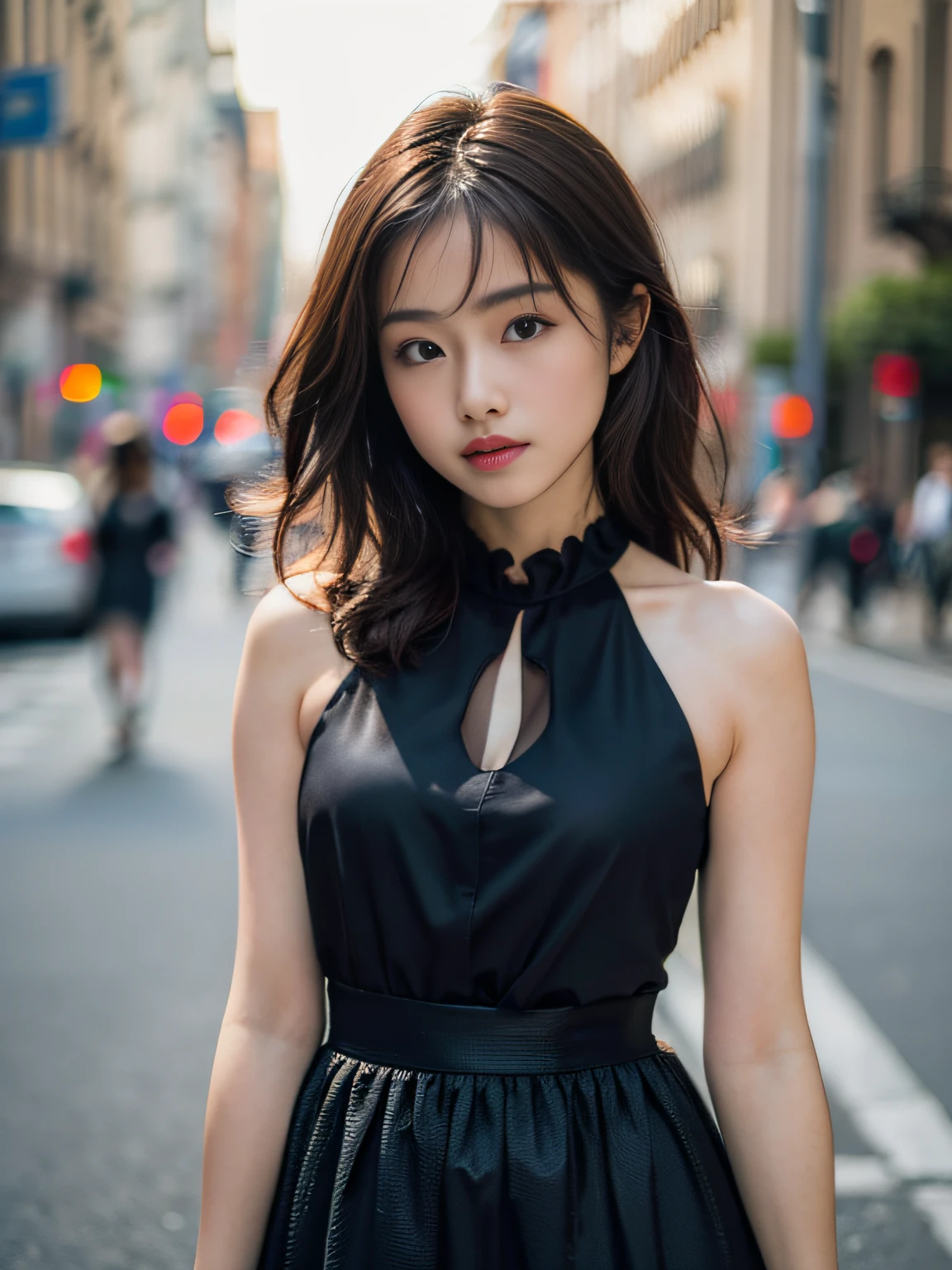 Woman posing seductive on street corner, top quality, high resolution, 8k, girl alone, outdoor, (street: 0.8), (people, crowd: 1), sleeveless dress, black dress: 1.5), gorgeous, (medium hair), (dynamic pose: 0.8), (upper body: 1.2), soft lighting, wind, glossy skin, gaze,