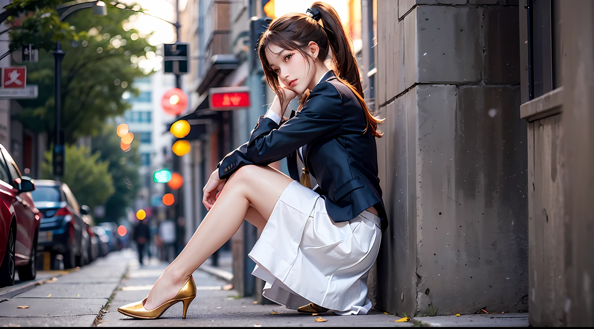 A pure girl, fox ears, suit, tennis skirt, golden high ponytail, light, eyes looking ahead, outdoor, leaning on a street lamppost, casual elegant posture, sexy, show beauty, white high heels, tassels,