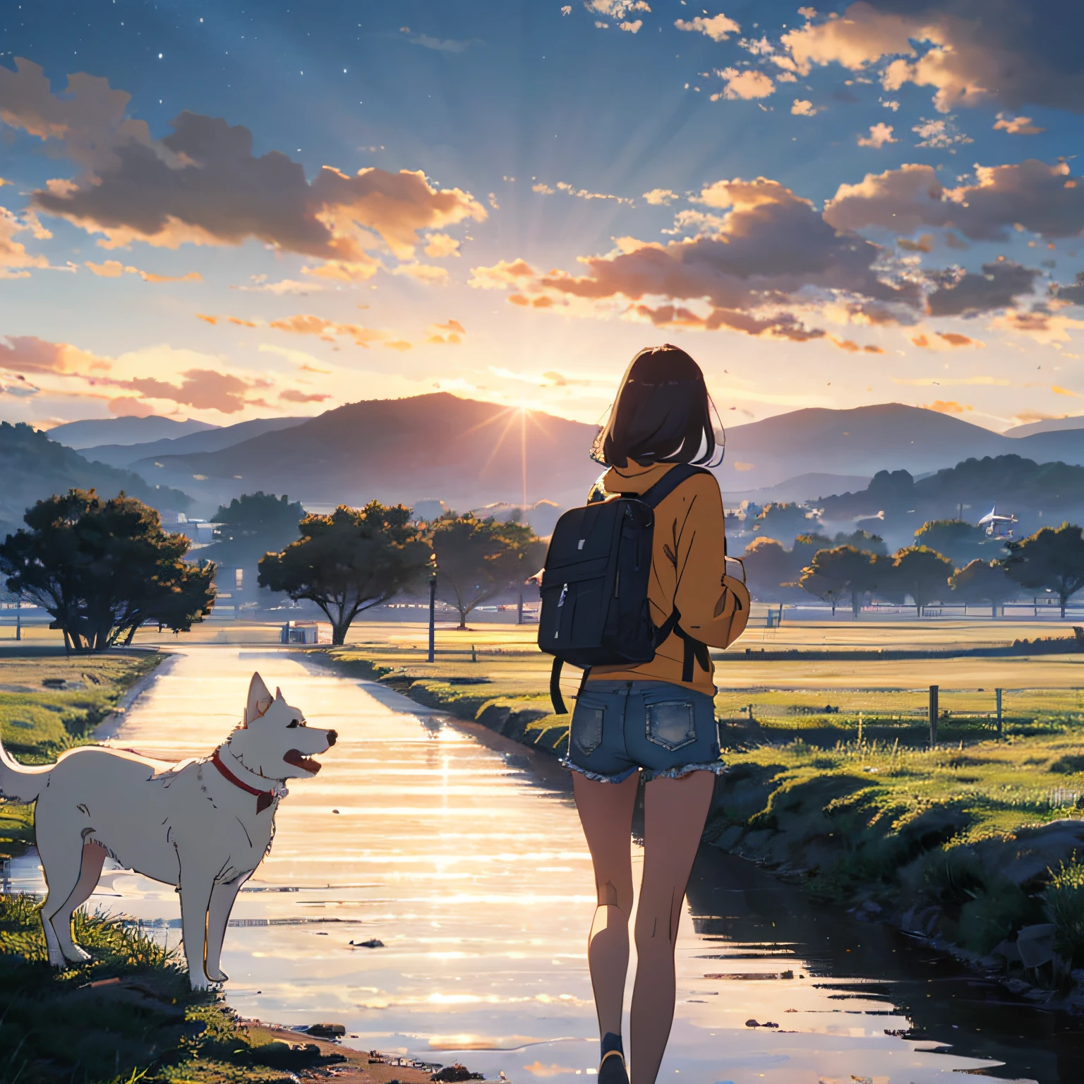 Beautiful skyline, magnificent sky, intense and dramatic picture, moving visual effects, hanging north star, colorful natural light, long-sleeved top, denim shorts, carrying a backpack, followed by a white dog, large grassland, oncoming breeze. --auto