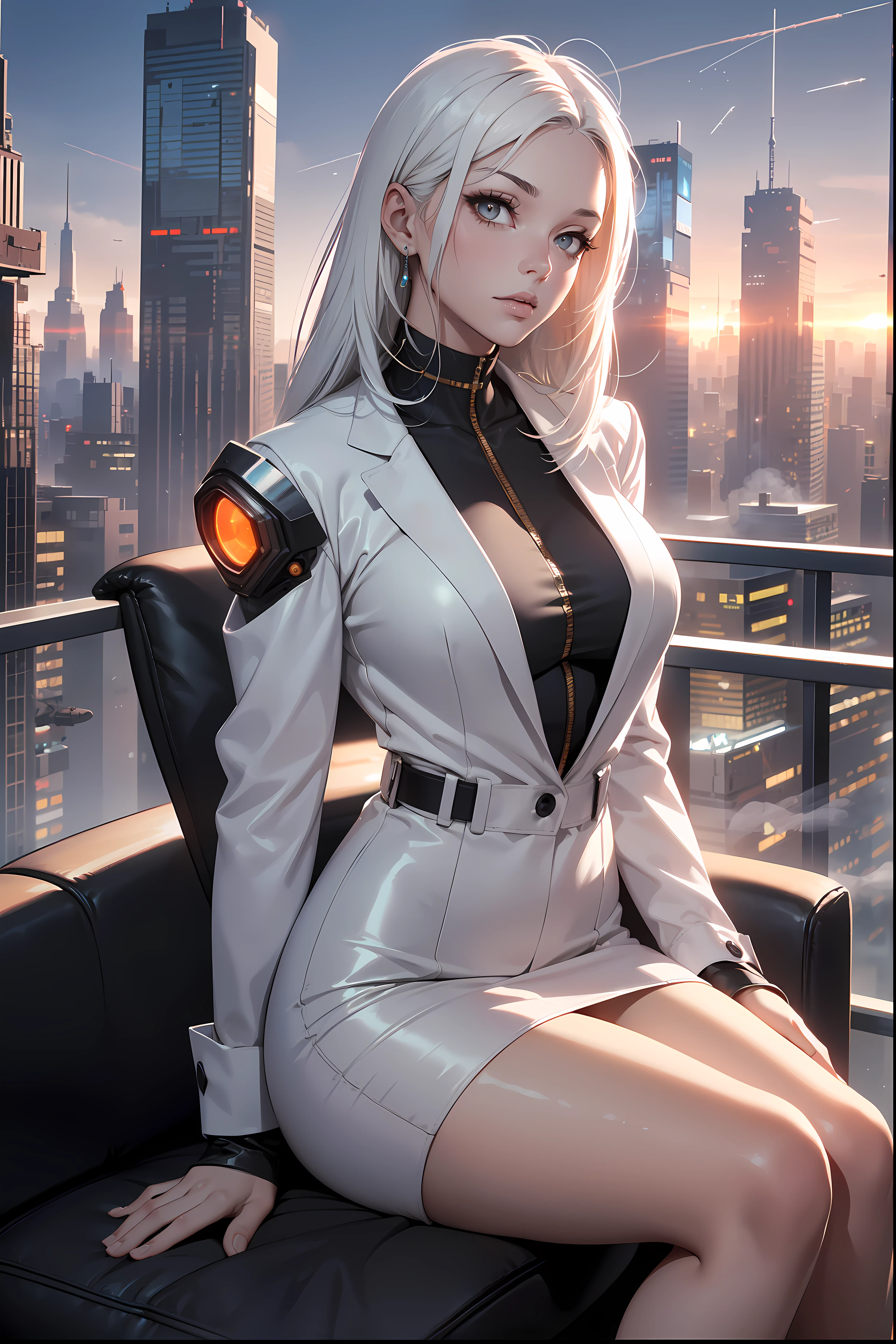 (masterpiece:1.3), (8k, photorealistic, RAW photo, best quality: 1.4), (1girl), beautiful face, (realistic face), Nice hairstyle,Realistic Eyes,Nice detail eyes,(Realistic Skin),Beautiful Skin,Ridiculous,attractive,Ultra high Resolution,an ultra realistic,RAWExtremely detailed,golden proportions, Woman wearing business outfit, white formal blazer, white blouse, white high waist business skirt, beautiful, masterpiece, best quality, perfect lighting, (white hair:1.4), long hair, (grey eyes:1.2), slender build, thin, medium breasts, business woman, ceo of small arms and aerospace centered mega corporation, sitting in luxurious black office chair, giant modern window with view of dusk cyberpunk city skyline in background, torso shot, dusk, (cyberpunk city background:1.3), (Hazy sky:1.2), (Dim red sun:1.3), eyelashes, dark eyeliner, cyberpunk, older, sleek modern-futuristic office, (white clothes:1.2), (aerospace:1.1), (orange flare with white smoke trail rising up in distance across the sky:1.3)