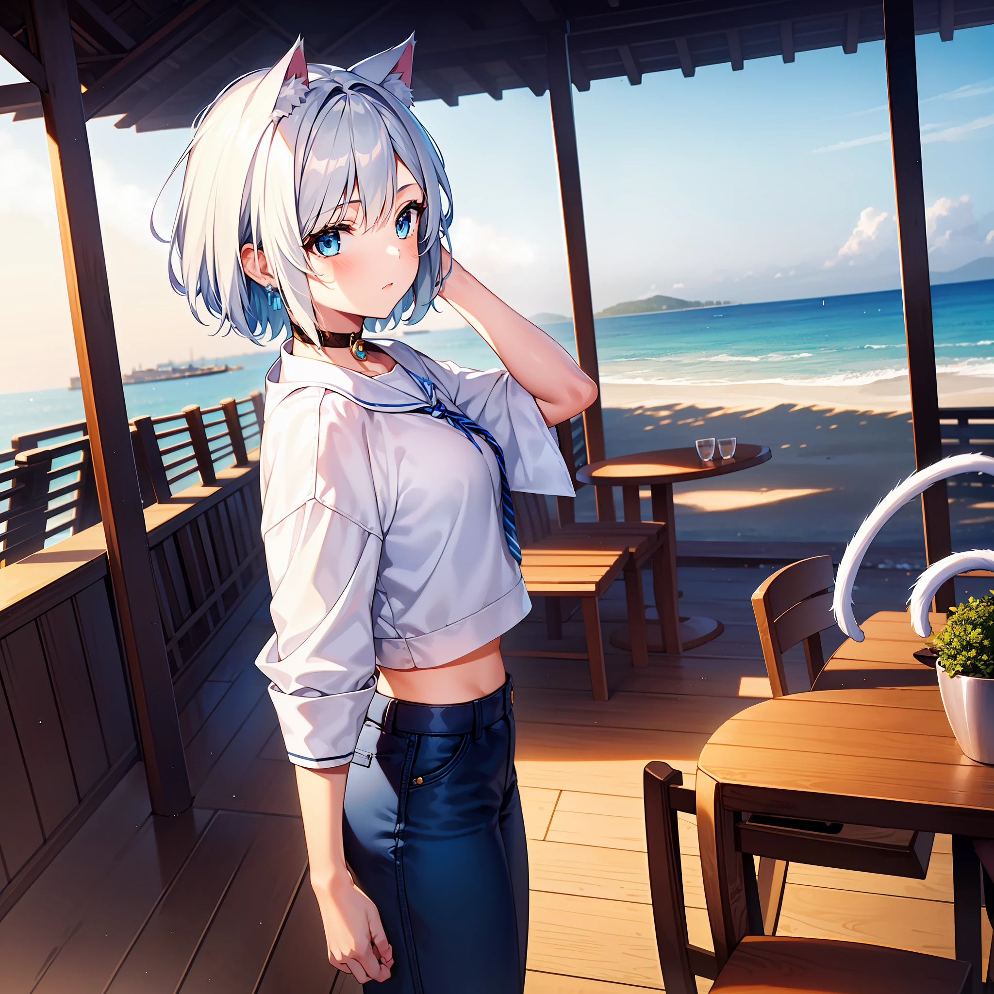 1 girl, short hair, light blue eyes, seaside, striped hair, white hair, pointed ears, UHD, masterpiece, high quality, best quality, cat ears