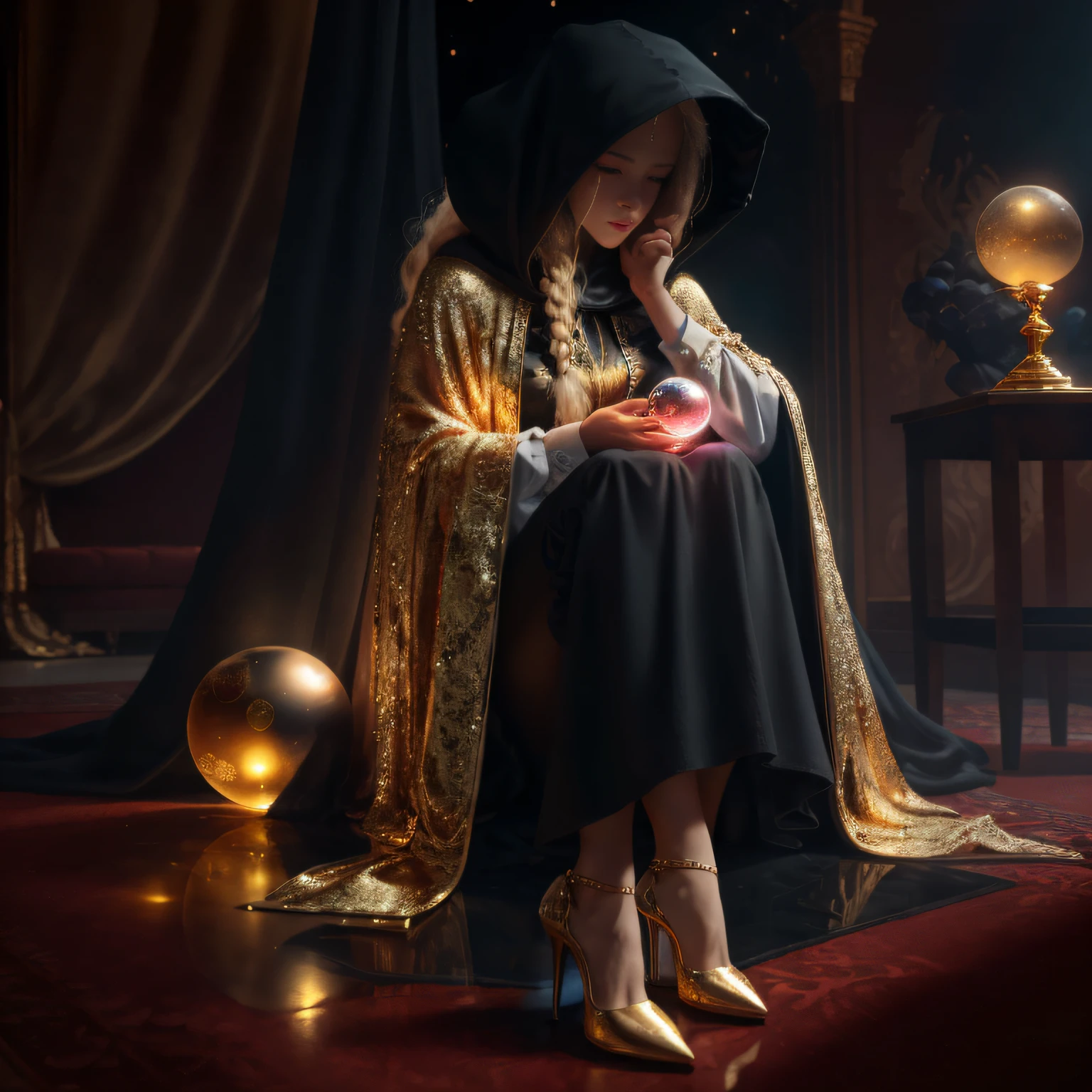 ((Best Quality)), ((Masterpiece)), (Details: 1.4), a mysterious female figure of a soothsayer, long blonde hair and high ponytail, squinting pink eyes, wearing a cape, hood, ornaments in hands, holding a crystal ball in both hands, in the house, the crystal ball glows, sitting, high heels, black pantyhose with gold texture High heels lower, wearing black stockings with gold texture on the stockings --auto