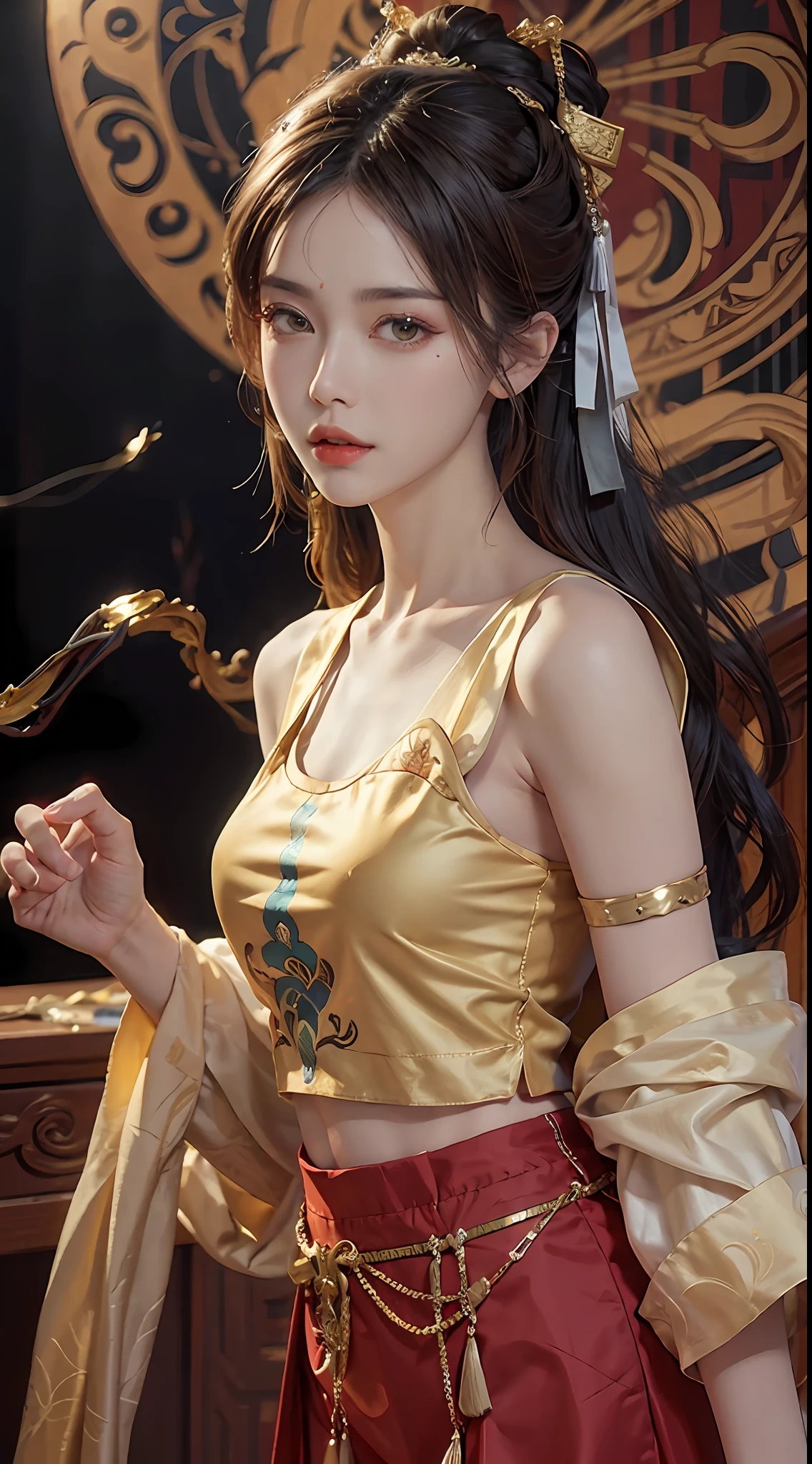 (RAW, Best Quality), Realistic, (Photorealistic Real: 1.3), Best Quality, High Detail, Masterpiece, Extremely detailed, Illustration, 1 25 year old goddess, upper body , Dynamic Angle, mess_long_hair, Best Quality, 8k Wallpaper, extremely detailed dunhuang uniform, Ink, Amazing, Cinematic Lighting, lens_flare, dunhuang_style dress, Sexy, Crop Top, Delicate Collarbone, Patterned Stockings, Gold Pattern all over her body, an ancient goddess, a hanfu-style silk ao dai, a silk dune costume, (dunhuang phi-tian style: 1.8) (fiction dunhuang landscape: 1.8), face beautiful and detailed makeup, thin black eyebrows, detailed eye makeup, big round yellow eyes, high nose, hair in a bun, jewelry on the head and neck, big and regular breasts, round hand on the wrist, jewelry on the goddess dune's shirt, small tattoo in the middle of the goddess dune,