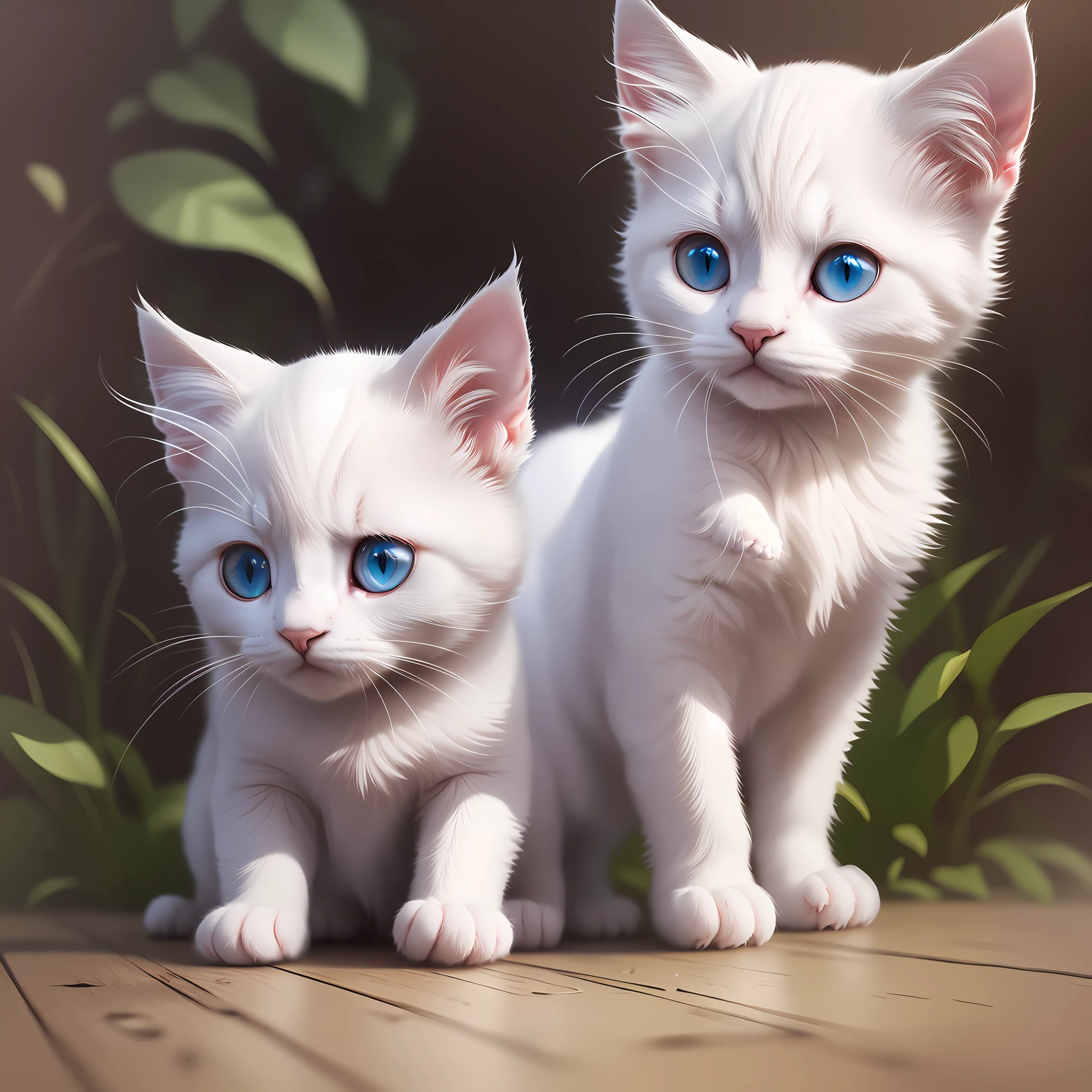 One white cat sitting on next to each other wooden floor, adorable digital painting, cute detailed digital art, cute digital art, cute cat, cute kitten, ultra realistic illustration, ultra realistic image, ultra realistic 3D illustration, digital painting very detailed, realistic illustration, two cat illustration, ultra realistic illustration, cat. Digital painting, photorealistic style