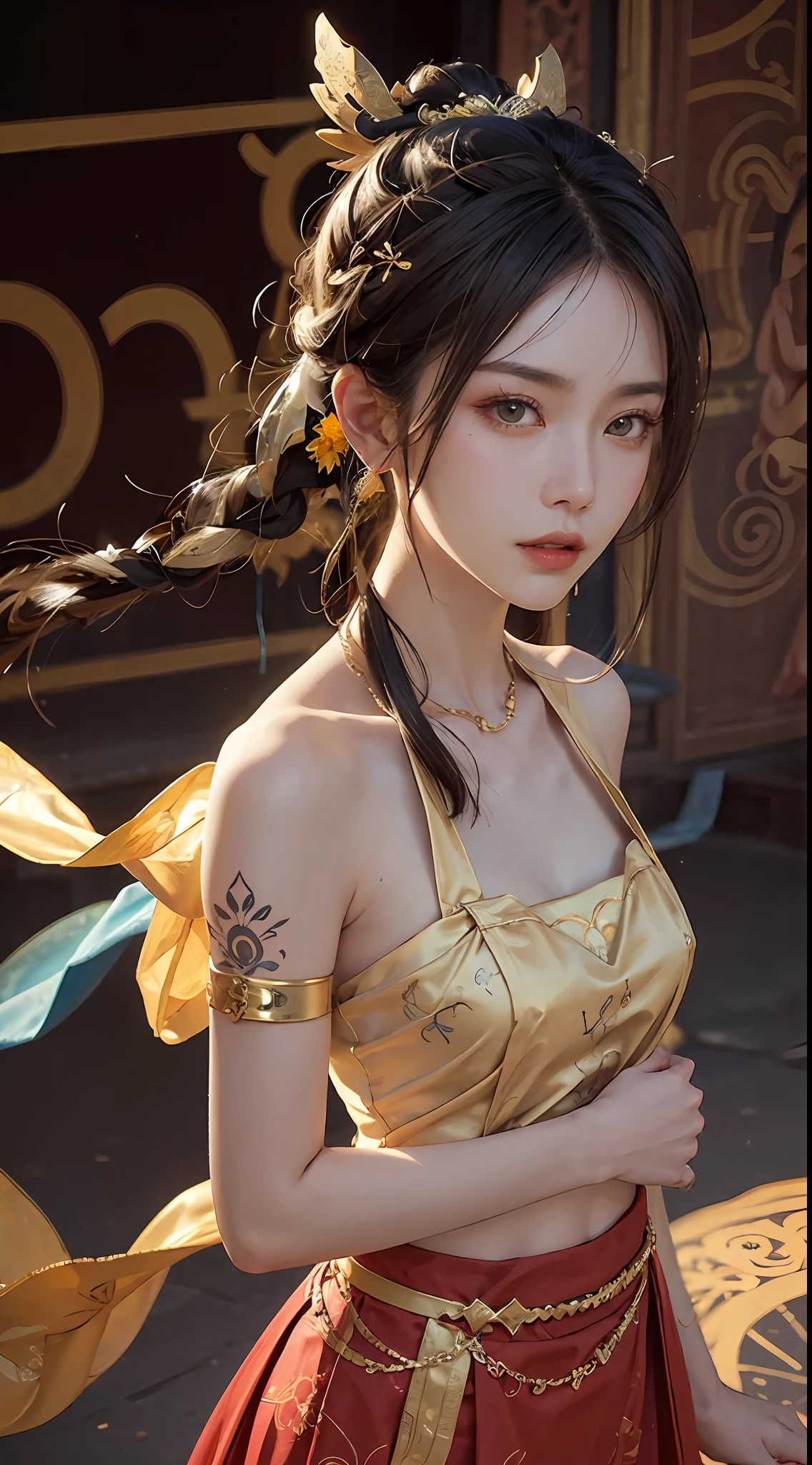 (RAW, Best Quality), Realistic, (Photorealistic Real: 1.3), Best Quality, High Detail, Masterpiece, Extremely detailed, Illustration, 1 25 year old goddess, upper body , Dynamic Angle, mess_long_hair, Best Quality, 8k Wallpaper, extremely detailed dunhuang uniform, Ink, Amazing, Cinematic Lighting, lens_flare, dunhuang_style dress, Sexy, Crop Top, Delicate Collarbone, Patterned Stockings, Gold Pattern all over her body, an ancient goddess, a hanfu-style silk ao dai, a silk dune costume, (dunhuang phi-tian style: 1.8) (fiction dunhuang landscape: 1.8), face beautiful and detailed makeup, thin black eyebrows, detailed eye makeup, big round yellow eyes, high nose, hair in a bun, jewelry on the head and neck, big and regular breasts, round hand on the wrist, jewelry on the goddess dune's shirt, small tattoo in the middle of the goddess dune,
