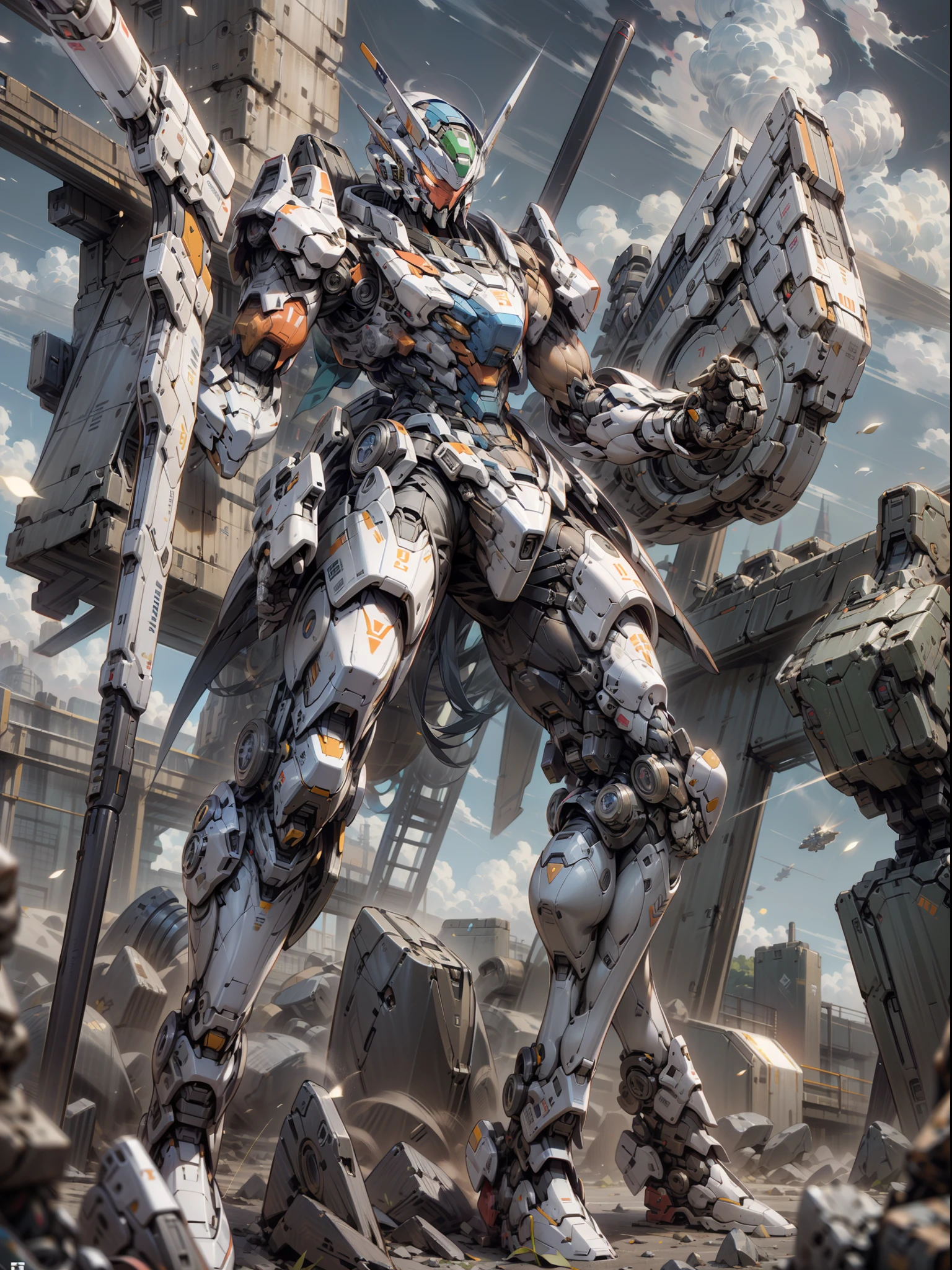 ((Best Quality)), ((Masterpiece)), (Very detailed: 1.3), 8K, cool painting, full of sci-fi, gunsmith, tank armor division with huge shield, heavy gundam, mask covering face, holding shield in the air, super large mechanical shield, heavy weapon, heavy machine gun, sniper rifle, cannon, Gatling machine gun scattered on the ground, carrying weapon firearm, pistol on the waist, sniper rifle on the back, super cool tank armor, weapon god, Gundam humanoid mecha, anime mecha aesthetics, Perfect Body Proportions, Heads-Up View, Standing Pose, Military Giant Mech, Missiles, Rocks, Future Technology, Realism, Clouds in the Sky, Dark War Background, Ray Tracing, Light Particles, NVIDIA Trtx, Super Resolution, Unreal 5, Subsurface Scattering, Specular and Albedo Map, Rule of Thirds, Large Aperture, Battle Stance, 8K Raw Data, High Efficiency Sub-pixels, Subpixel Convolution, Light Particles, Light Scattering, Tyndall Effect, Ray Tracing.