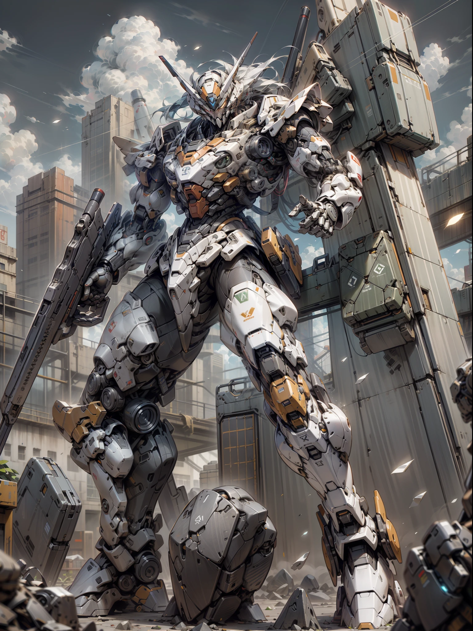 ((Best Quality)), ((Masterpiece)), (Very detailed: 1.3), 8K, cool painting, full of sci-fi, gunsmith, tank armor division with huge shield, heavy gundam, mask covering face, holding shield in the air, super large mechanical shield, heavy weapon, heavy machine gun, sniper rifle, cannon, Gatling machine gun scattered on the ground, carrying weapon firearm, pistol on the waist, sniper rifle on the back, super cool tank armor, weapon god, Gundam humanoid mecha, anime mecha aesthetics, Perfect Body Proportions, Heads-Up View, Standing Pose, Military Giant Mech, Missiles, Rocks, Future Technology, Realism, Clouds in the Sky, Dark War Background, Ray Tracing, Light Particles, NVIDIA Trtx, Super Resolution, Unreal 5, Subsurface Scattering, Specular and Albedo Map, Rule of Thirds, Large Aperture, Battle Stance, 8K Raw Data, High Efficiency Sub-pixels, Subpixel Convolution, Light Particles, Light Scattering, Tyndall Effect, Ray Tracing.