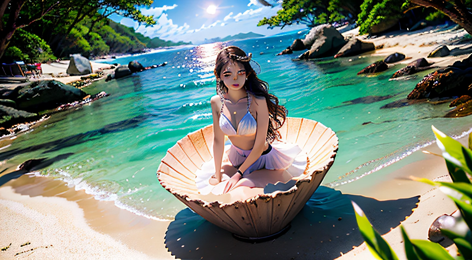 CG rendering of many beautiful pale pink large shells and pale colored conchs on the beach with rings of shimmering rosettes crystal clear as glass. Transparent colorsColorful stones, transparent, glittering, moonlight illuminates pure white beach, blue sea, pearls, super detail, slender woman, woman with long hair, light effect, fairyland romance: Thomas Kinkade, Krenz, floating hotel, soft light, ultra wide angle, distant view, fairy tale, fantasy, 8K HD wallpaper: 1 photo, beautiful woman, depth of field HD 16k