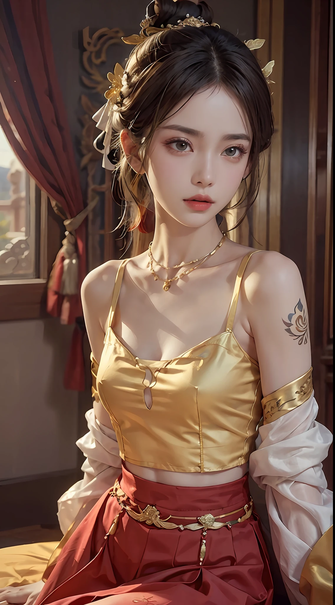 (RAW, Best Quality), Realistic, (Photorealistic Real: 1.3), Best Quality, High Detail, Masterpiece, Extremely detailed, Illustration, 1 25 year old goddess, upper body , Dynamic Angle, mess_long_hair, Best Quality, 8k Wallpaper, extremely detailed dunhuang uniform, Ink, Amazing, Cinematic Lighting, lens_flare, dunhuang_style dress, Sexy, Crop Top, Delicate Collarbone, Patterned Stockings, Gold Pattern all over her body, an ancient goddess, a hanfu-style silk ao dai, a silk dune costume, (dunhuang phi-tian style: 1.8) (fiction dunhuang landscape: 1.8), face beautiful and detailed makeup, thin black eyebrows, detailed eye makeup, big round yellow eyes, high nose, hair in a bun, jewelry on the head and neck, big and regular breasts, round hand on the wrist, jewelry on the goddess dune's shirt, small tattoo in the middle of the goddess dune,