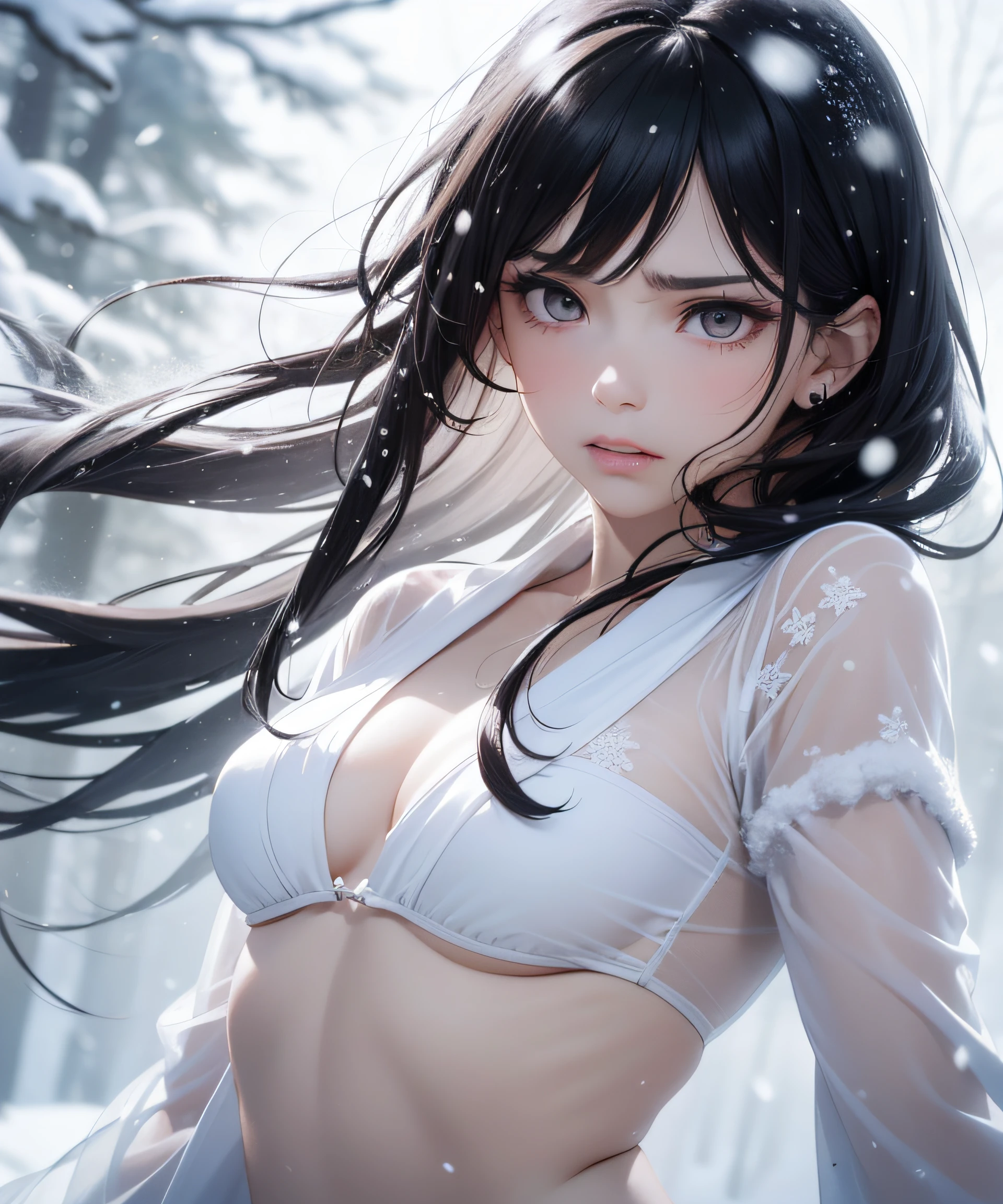 Top Quality, Realistic, Jet Black Background, High Resolution, Soft Focus, (Snowfall: 1.5), (Hazy: 1.5), (In the Deep Forest), (Snowfalling), ((Snow Light)), (Snow Storm)), (Snow Storm)))), (Ghost of a beautiful snow woman with jet-black long black hair in a white silver yukata: 1.8), (((Lower body is transparent: 1.5)))), anger, rage, melancholy, shaking black hair, hair luster, Luminous skin, beautiful and beautiful, bewitching, (((losing yourself in anger and forgetting the cold)), ((arms spread forward)), (monochrome: 1.5), (black and white: 1.5), (glaring platinum eyes), whiteout, white and white and white, transparent lower body, whole body
