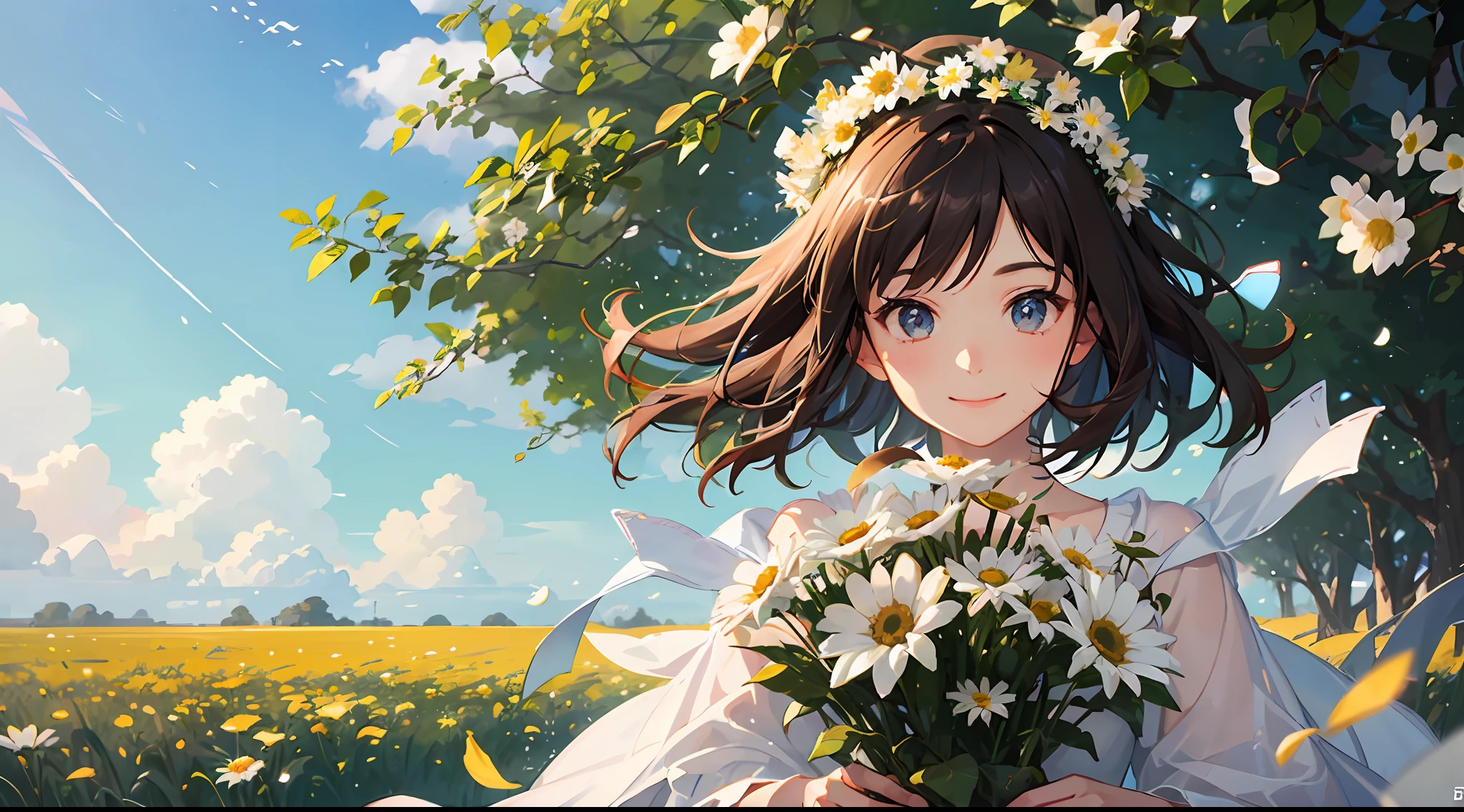 Summer. Sunny meadow with many flowers. A bully girl with his hand outstretched forward holds a bouquet of daisies. Smiling. Disney Pixar cartoon style. Photorealistic, cinematic, Octane render, 8K, Blue sky background with white clouds --auto --s2