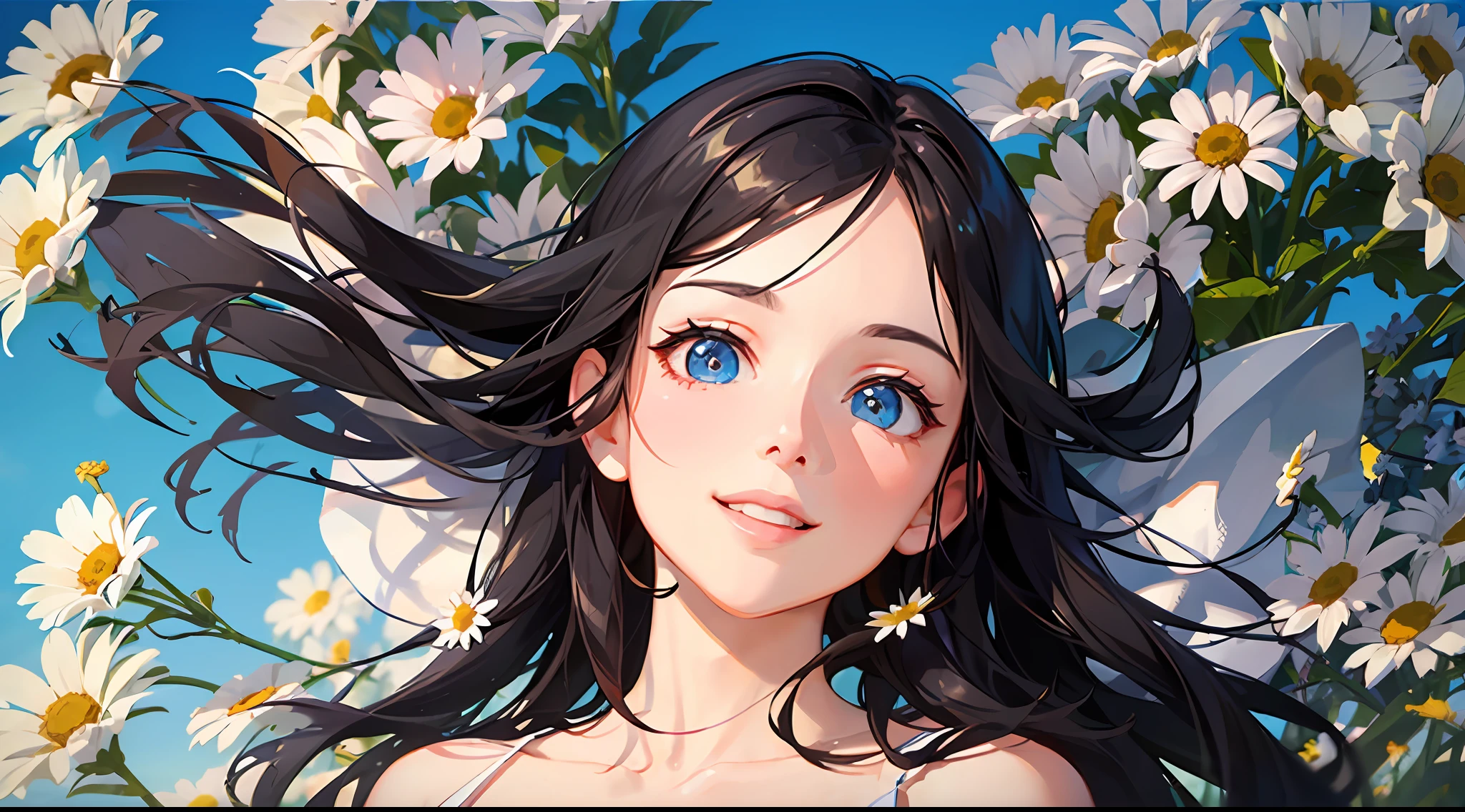 Summer. Sunny meadow with many flowers. A bully girl with his hand outstretched forward holds a bouquet of daisies. Smiling. Disney Pixar cartoon style. Photorealistic, cinematic, Octane render, 8K, Blue sky background with white clouds --auto --s2