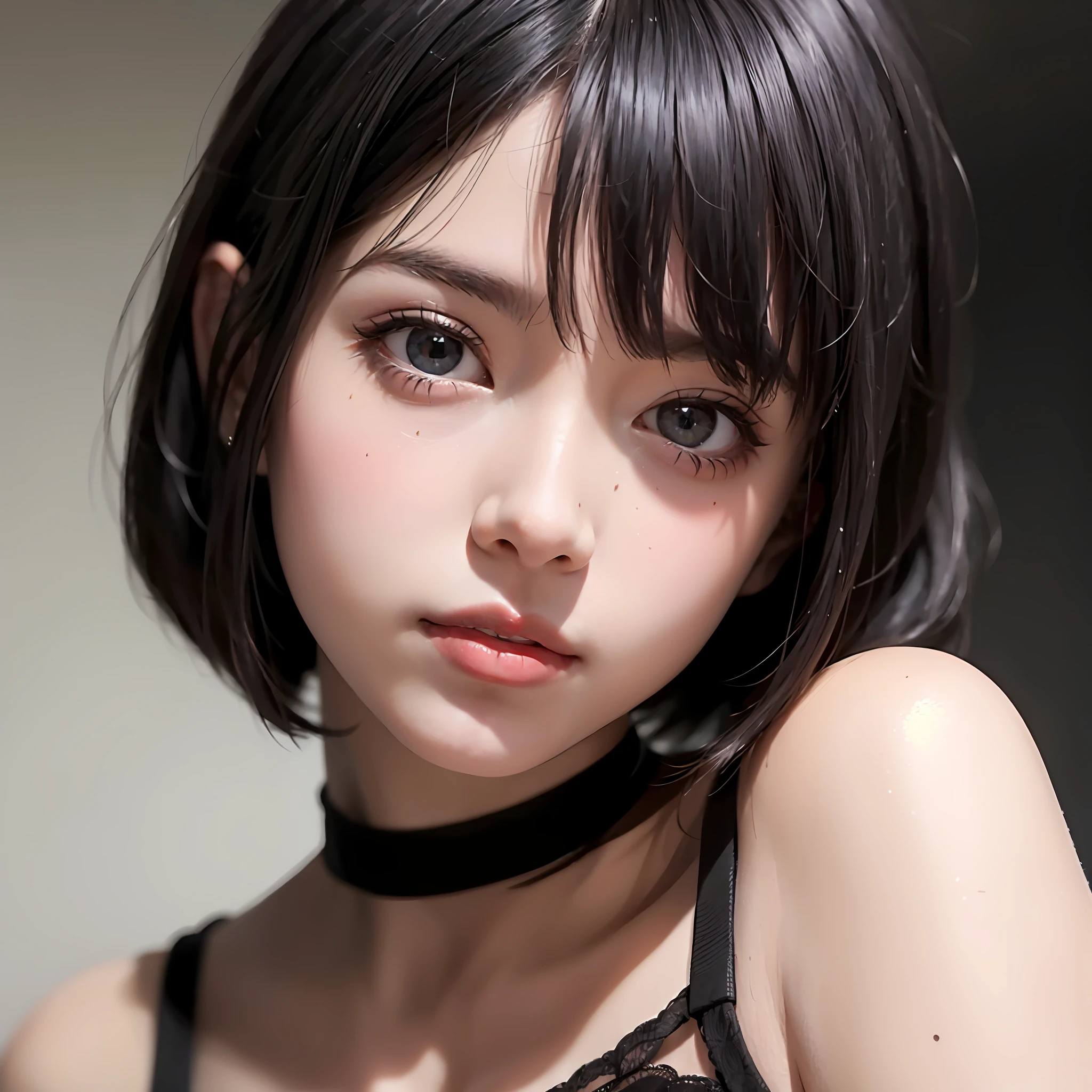 there is a woman with a black top and a choker, with short hair, girl cute-fine-face, taken with canon eos 5 d mark iv, soft portrait shot 8 k, sui ishida with black hair, black hime cut hair, anime girl in real life, beautiful japanese girls face, young cute wan asian face, portrait of a japanese