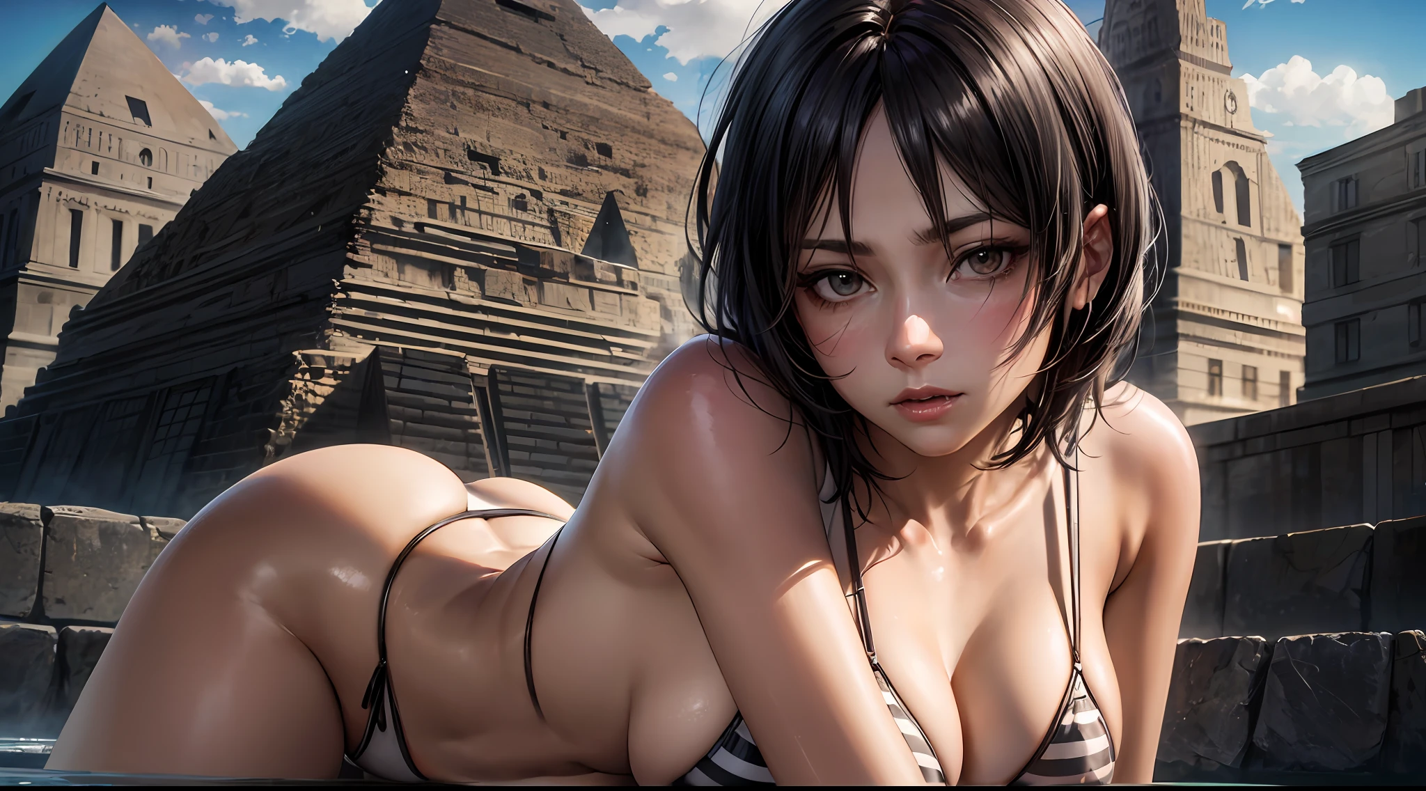 (Attack on Titan, Mikasa Ackerman), brown skin, striped micro bikini, (short black hair), (on all fours), young, cute, beautiful girl, perfect style, big, emphasizing cleavage, expressionless, realistic, realistic, 8k, very detailed, highest quality, best quality, best quality, super high resolution, masterpiece, one girl, (background is Egyptian pyramids),