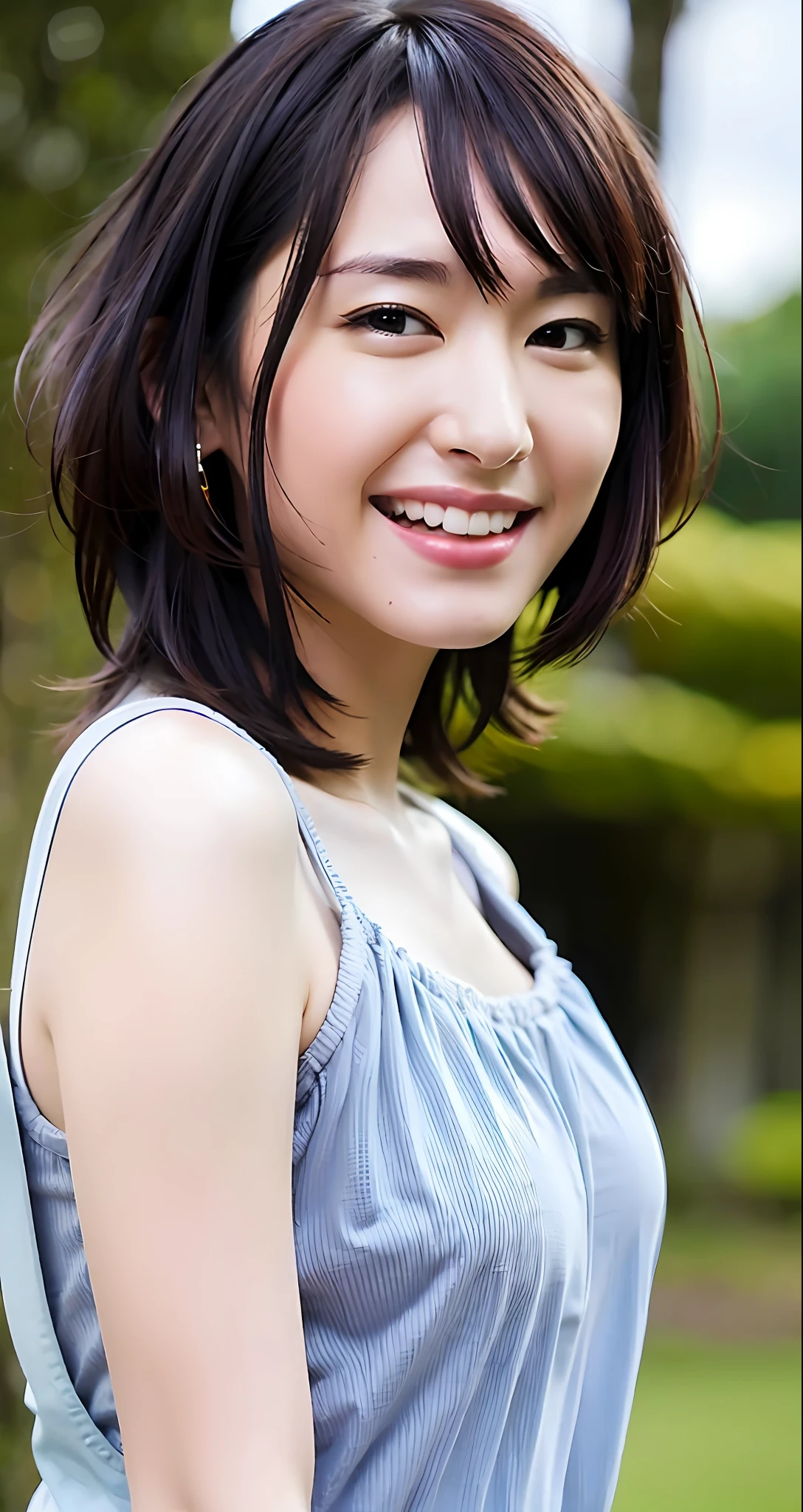 Top Quality, Masterpiece, Ultra High Resolution, (Photorealistic: 1.4), Raw Photo, 1 Girl, Japan Beauty, Beautiful Skin, Black Hair: 1.7, Gacky, (((Short Hair: 1.5)), 30 years old, Laughing happily: 1.2, Camisole