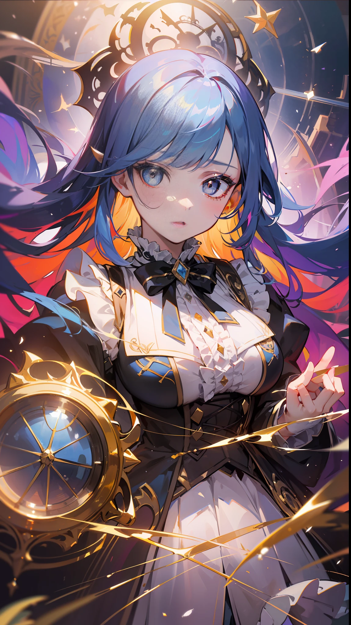 (Highest Quality), (Masterpiece), (Ultra Detailed), (Eye Detail: 1.0), (Lens Vires: 1.0), (Movie Poster: 1.0), (Tarot Border: 1.0), Portrait Centered, (Close-up: 1.0), (Negative Space: 0.8), (Negative Space: 1.6), (Solo), (Floating Color Net: 1.0), (Many Color Spikes: 1.0), (Floating Water Drops: 1.0), (Water Magic: 1.0), (Dappled Sunlight, Light, Caustics: 1.2), (Iridescent: 1.0), (Beautiful Details Glow: 1.0), (Leaning Back: 1.2), (Grim Expression: 1.0), (Small: 1.0), (Open Mouth: 1.0), (Eyelashes), One Eye Closed, (Light Blue Hair: 1.4), (Long Hair: 1.0), (Audience-facing: 1.3), (Head Tilt: 1.0), (Dynamic Pose: 1.1), (Asymmetrical Hair: 1.2), (Orange, (Casual, Casual), (Cascading Skirt) , (gray eyes: 1.4), slanted bangs, high double ponytail, drilled hair, long coat, (flowing cloak: 1.0), (abstract background: 1.4), (: 1.1), (jump: 1.1), (tan: 1.1), (upper body: 1.25), thinking, pupils, ++, feathers, off-the-shoulders, tights, (white gloves: 1.3), black and red double horns