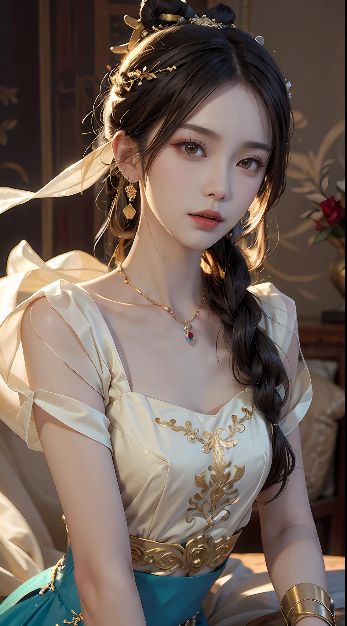 (RAW, Best Quality), Realistic, (Photorealistic Real: 1.3), Best Quality, High Detail, Masterpiece, Extremely detailed, Illustration, 1 25 year old goddess, upper body , Dynamic Angle, mess_long_hair, Best Quality, 8k Wallpaper, extremely detailed dunhuang uniform, Ink, Amazing, Cinematic Lighting, lens_flare, dunhuang_style dress, Sexy, Crop Top, Delicate Collarbone, Patterned Stockings, Gold Pattern all over her body, an ancient goddess, a hanfu-style silk ao dai, a silk dune costume, (dunhuang phi-tian style: 1.8) (fiction dunhuang landscape: 1.8), face beautiful and detailed makeup, thin black eyebrows, detailed eye makeup, big round yellow eyes, high nose, hair in a bun, jewelry on the head and neck, big and regular breasts, round hand on the wrist, jewelry on the goddess dune's shirt, small tattoo in the middle of the goddess dune,