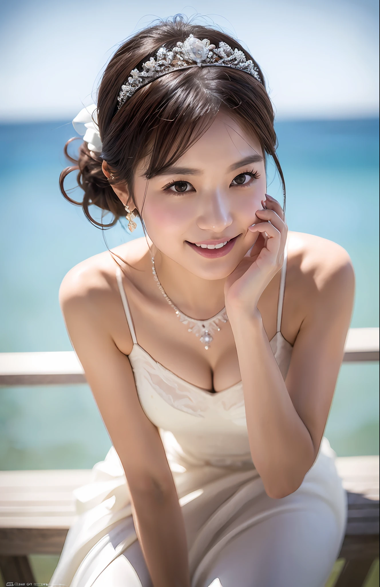Turbulent posture, (very delicate and beautiful work), (masterpiece), 1girl, girl in wedding dress with tiara on head, beautiful sea background, sitting on bench, full body, embarrassed, smile, veil, lace, high definition, ridiculous, charming expression, chin raised, cheek blush, kissing face, beautiful clear eyes, green eyes, delicate necklace, delicate earrings, full body, variousPose, simple background blur, ultra-fine depiction, beautiful, attractive, ultra-fine picture, delicate face, delicate figure, thin collarbone, nice lips, beauty big, soft back, mix4, (8k, RAW photo, best quality), masterpiece: 1.2), (realistic, photorealistic: 1.37), girl one, cute, professional lighting, photon mapping, radiosity, Physically Based Rendering