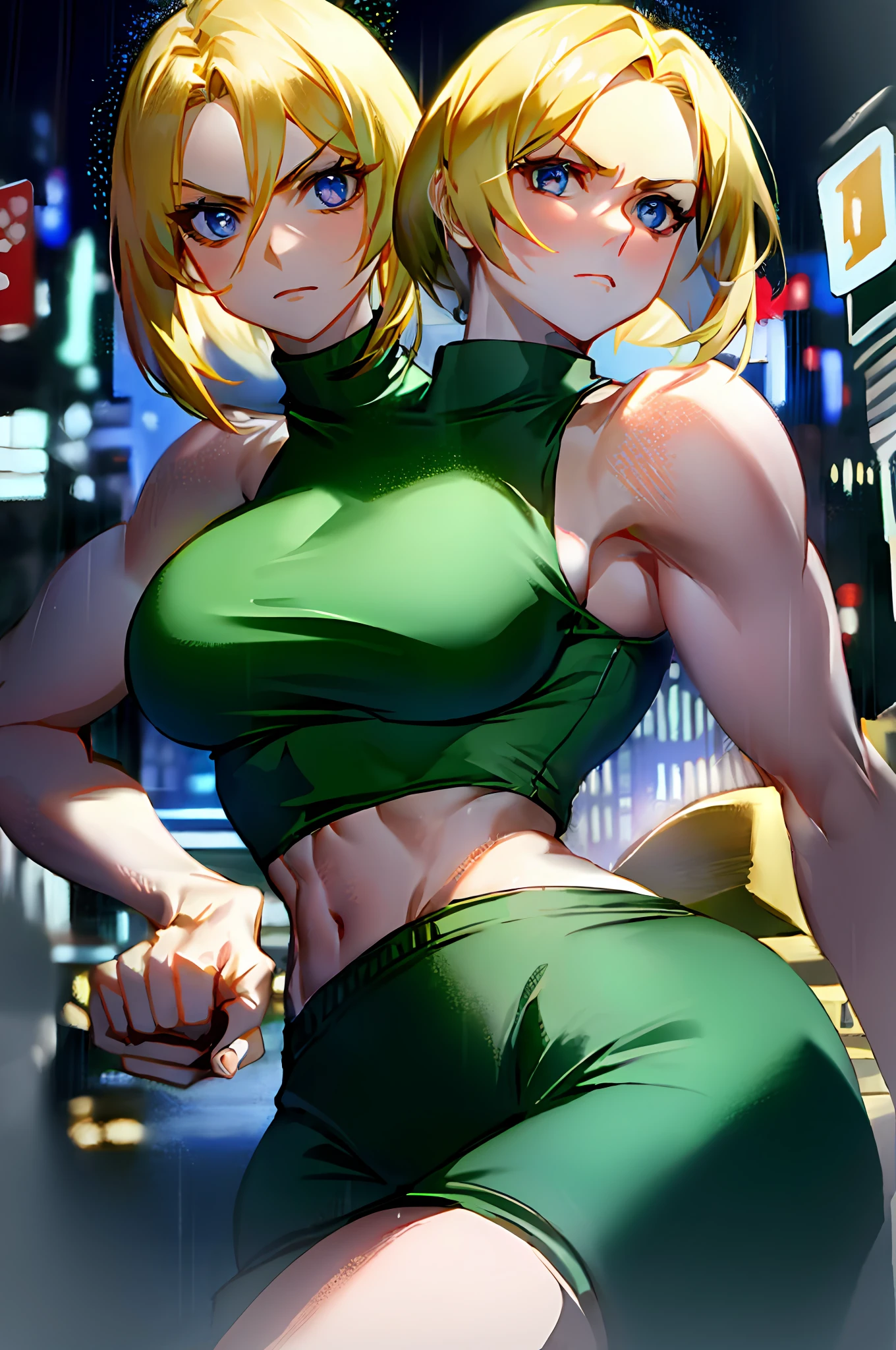 2heads,maryms,Best Quality,(beauty),masterpiece, 1girl,phisically-based render ,ultra highres,narrow waist, skinny,big eyes,long legs,(small breasts),puffy eyes, night,(rainy city), shiny skin, facing viewer, fighting stance, (make a fist),firm expression,