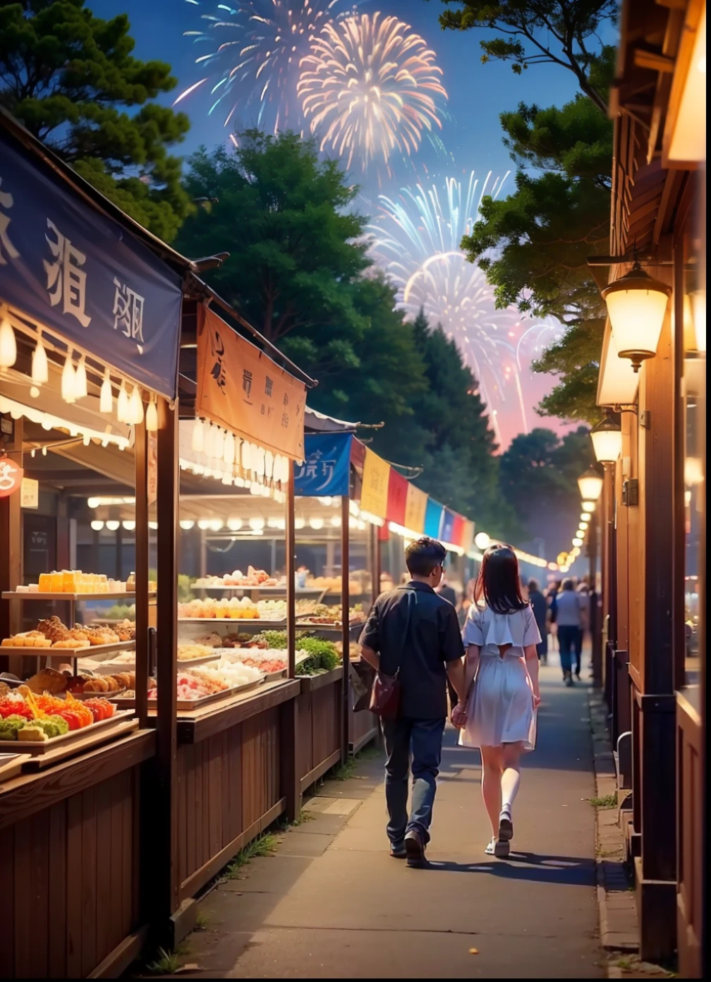 (((a boy and a beautiful girl in their twenties))),(Summer Festival: 1.3 + Festival: 1.2 + Forest Festival: 0.9), in love, romance, (Everyone Smiling), (Fireworks, Comedy, Food Food), Shaved Ice, (Yukata), (Dreamland), (Beautiful Sky),(Gentle Wind),(More Greenery),(Less People: 0.8),(((back shot)))