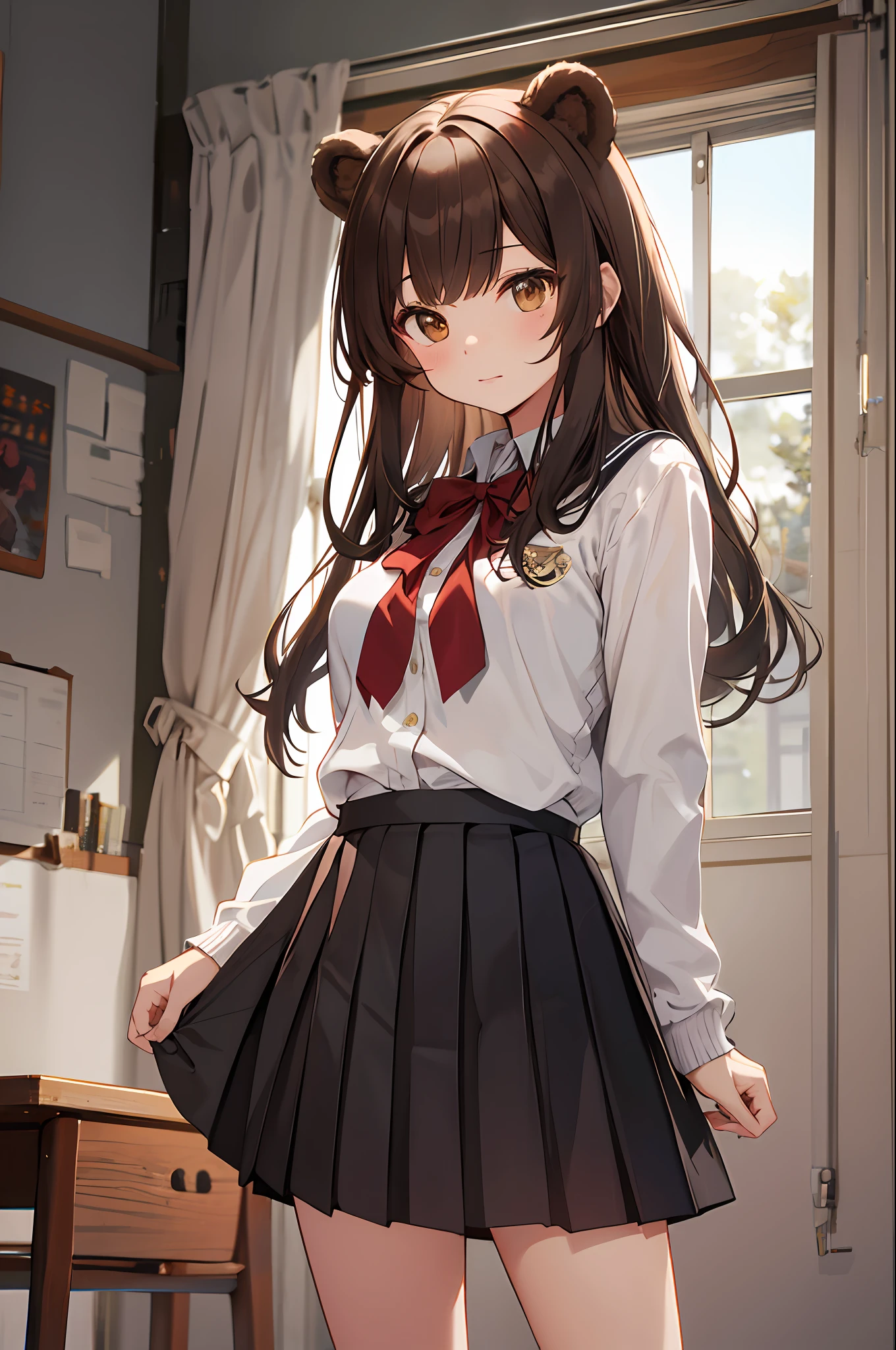 masterpiece, best quality, high resolution, KR1, brown eyes, dull bangs, kibito high school uniform, skirt, sweater, pleated skirt, socks, small tits, standing, cowboy shot,bear ears