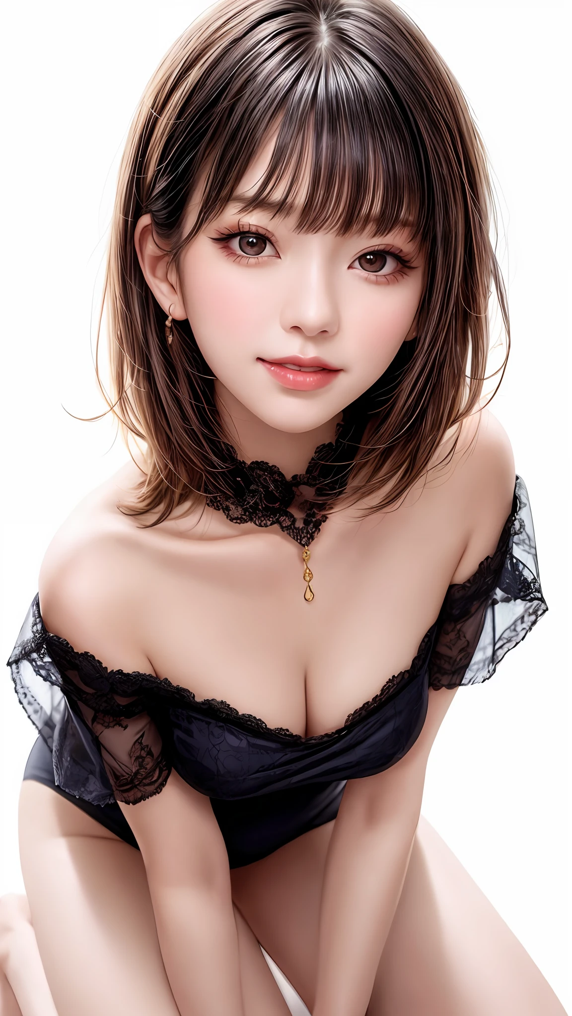 Pee (incontinence: 1.47), fashion trendy beautiful and attractive woman, gentle and attractive Chinese beautiful woman, Korean (kpop idol), delicate and sexy collarbone, attractive oval face, double eyelids, smart [peach] flower eyes, pink lips, small nose, bare shoulders, focus on face, [[face close-up], ultra high definition, super detail, White off-shoulder lace shirt, (((black) lace panties), fresh and impressive, natural (large: 1.25), (kneeling on the ground), (legs wide open), (legs spread), (from a low angle), (upright 1.5), (shiny skin: 1.4), (low angle)), perfect figure, areolas, cleavage, armpit wrinkles, (floor urine)), (NSFW: 1.05), ( Showpiece, top quality, high precision)), one girl, (big, photorealistic: 1.4), (slightly above the camera, looking up at the camera, looking up, looking up at the camera, staring at the camera))), solo, solo, white background, snow-white background, mouth closed, happy smile, pretty black hair, short hair, big eyes, pronounced double eyelids, eyelashes, ears out, long neck, long neck, Absolute area, ((close-up of face, short hair with bangs)), 19 years old, attractive proportions, shiny skin, clean collarbone, golden ratio face, perfect face, teardrop mole, chest mole, bangs, clean bangs, beautiful bangs, lip gloss, thin lips, white skin, undressed, big breasts, small face, staring at the camera a little upwards, ((smiling a little at the camera, really nothing pure white background, very big big big, big breasts))