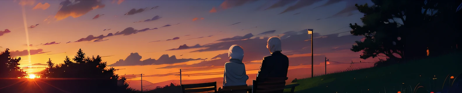 The back of a pair of elderly people in the park at sunset --auto