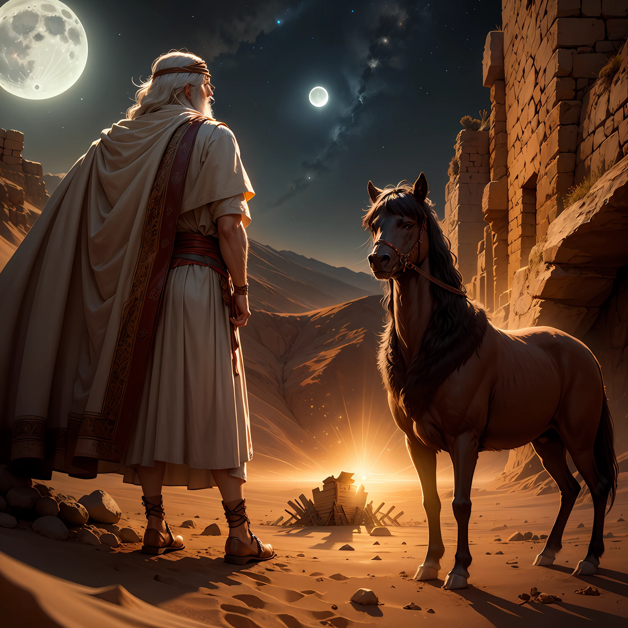 "Moses and the Ark of the Covenant, biblical character, desert at night, moonlight illuminating" --auto