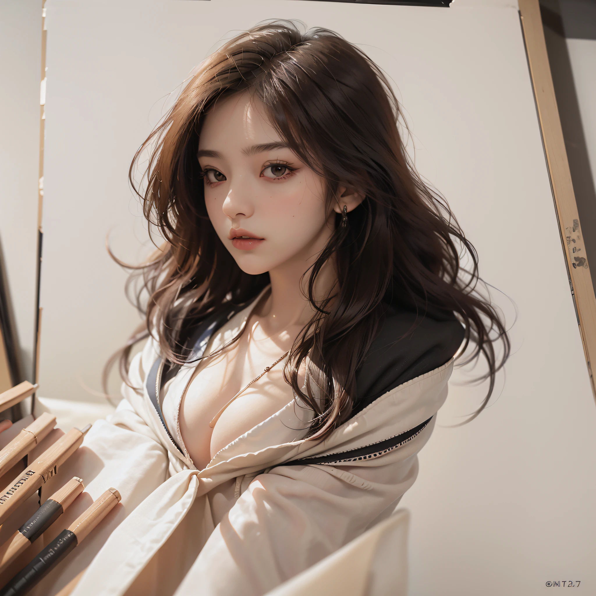 (Outside frame: 1.5), (Full body: 0.8), (Contrasting composition: 1.3), (Cleavage of breasts, Close-up of legs, Close-up of lips: 1.2), (Product view, Product shot: 1.2), White (Square: 1.4) (Border: 0.8), (Expressive lettering, lettering art, Expressive style, Unique design: 1.2), (Calligraphy, Creative typography: 1.1),