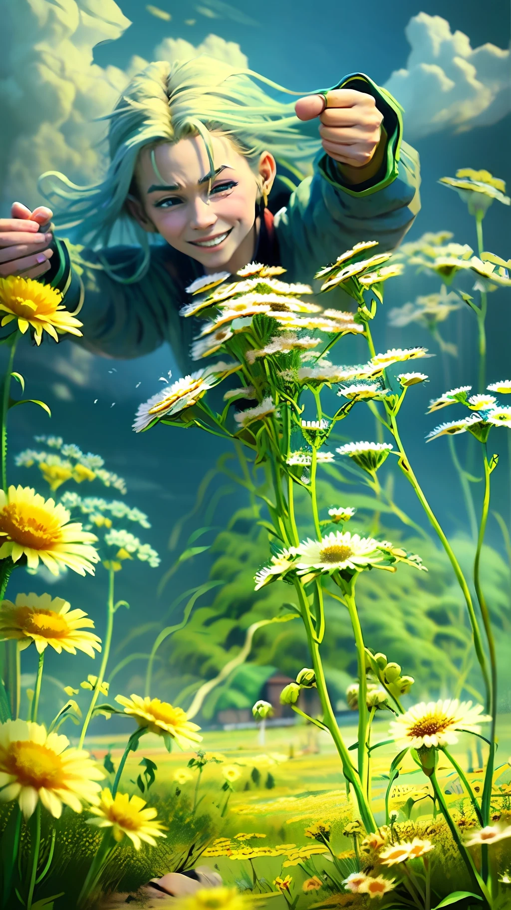 Summer. Sunny meadow with many flowers. A bully girl with his hand outstretched forward holds a bouquet of daisies. Smiling. Super Photorealistic, cinematic, Octane render, 8K, Blue sky background with white clouds --auto --s2