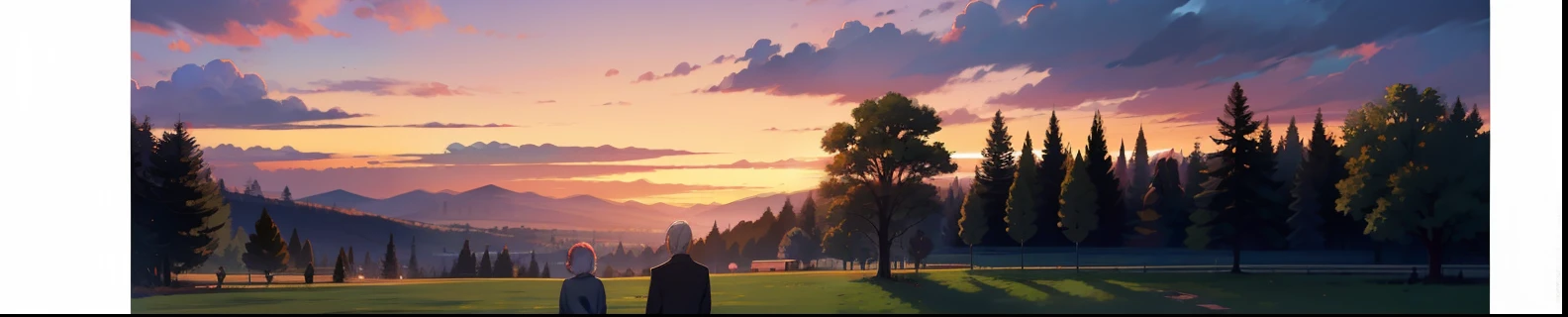 The back of a pair of elderly people in the park at sunset --auto