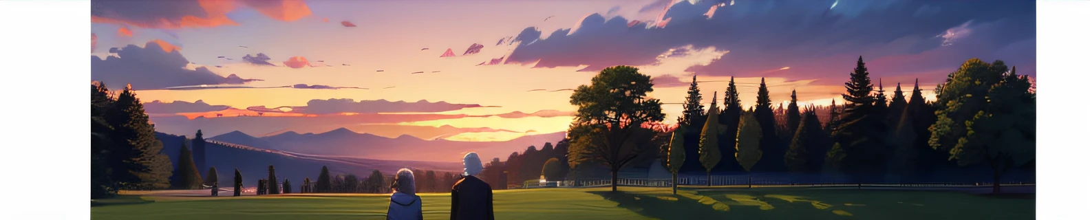 The back of a pair of elderly people in the park at sunset --auto