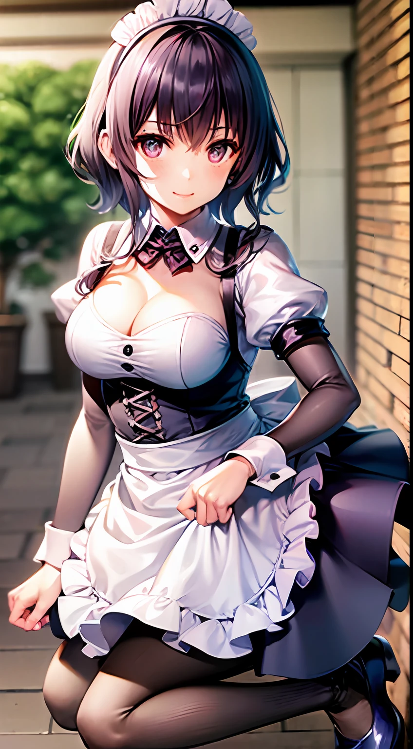 masterpiece, highres, best quality, 1girl, solo, breasts, pantyhose, medium breasts, cleavage, looking at viewer, short hair, full body, short sleeves, bangs, shoes, vertical stripes, puffy sleeves, black pantyhose, smile, puffy short sleeves, blush, maid headdress, shiny, striped, dress, blue footwear, shiny hair, v arms, skirt, closed mouth, maid, collarbone, mary janes, detached collar, striped dress, waitress, striped skirt, frills, hairband